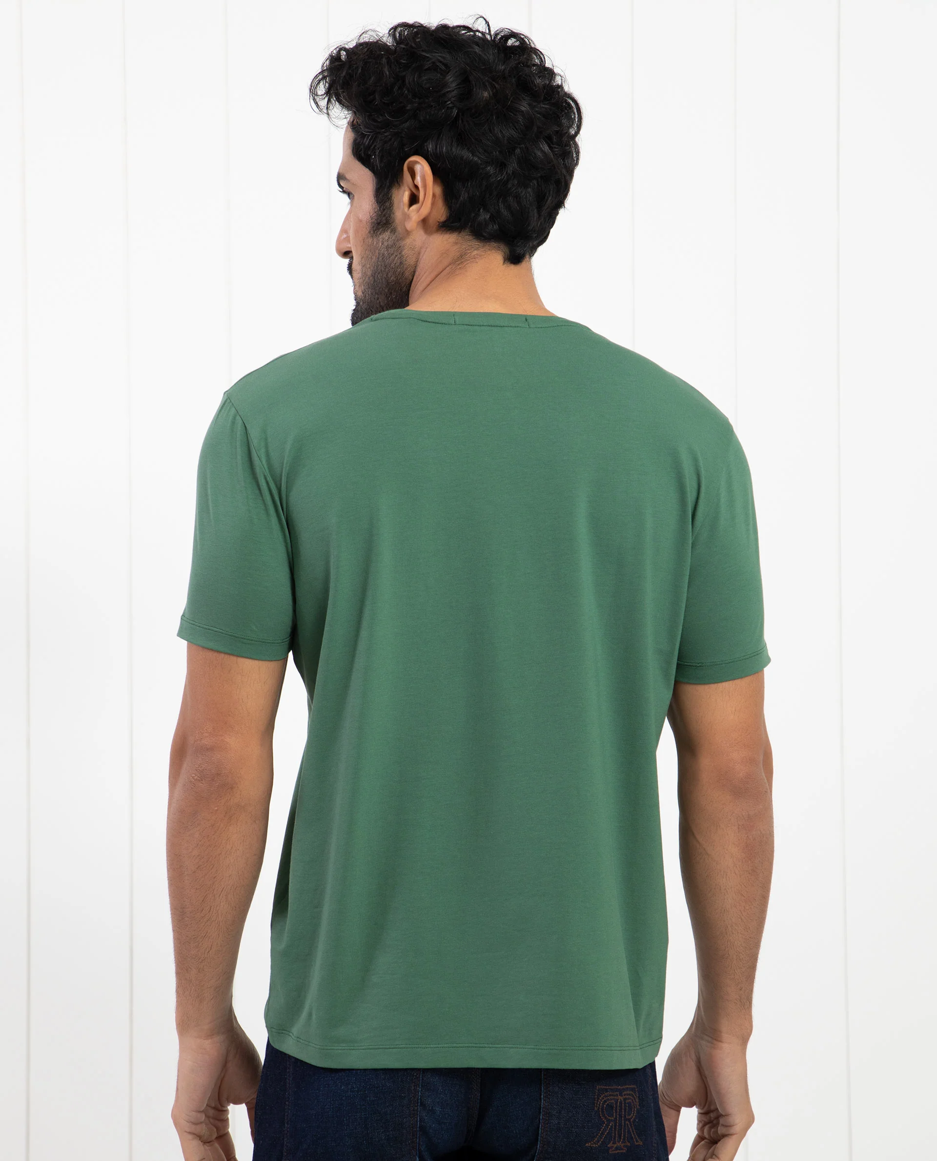 Rare Rabbit Men's Oval-1 Dusky Green Cotton Plain Slim Fit Half Sleeve Crew Neck T-Shirt - Image 10