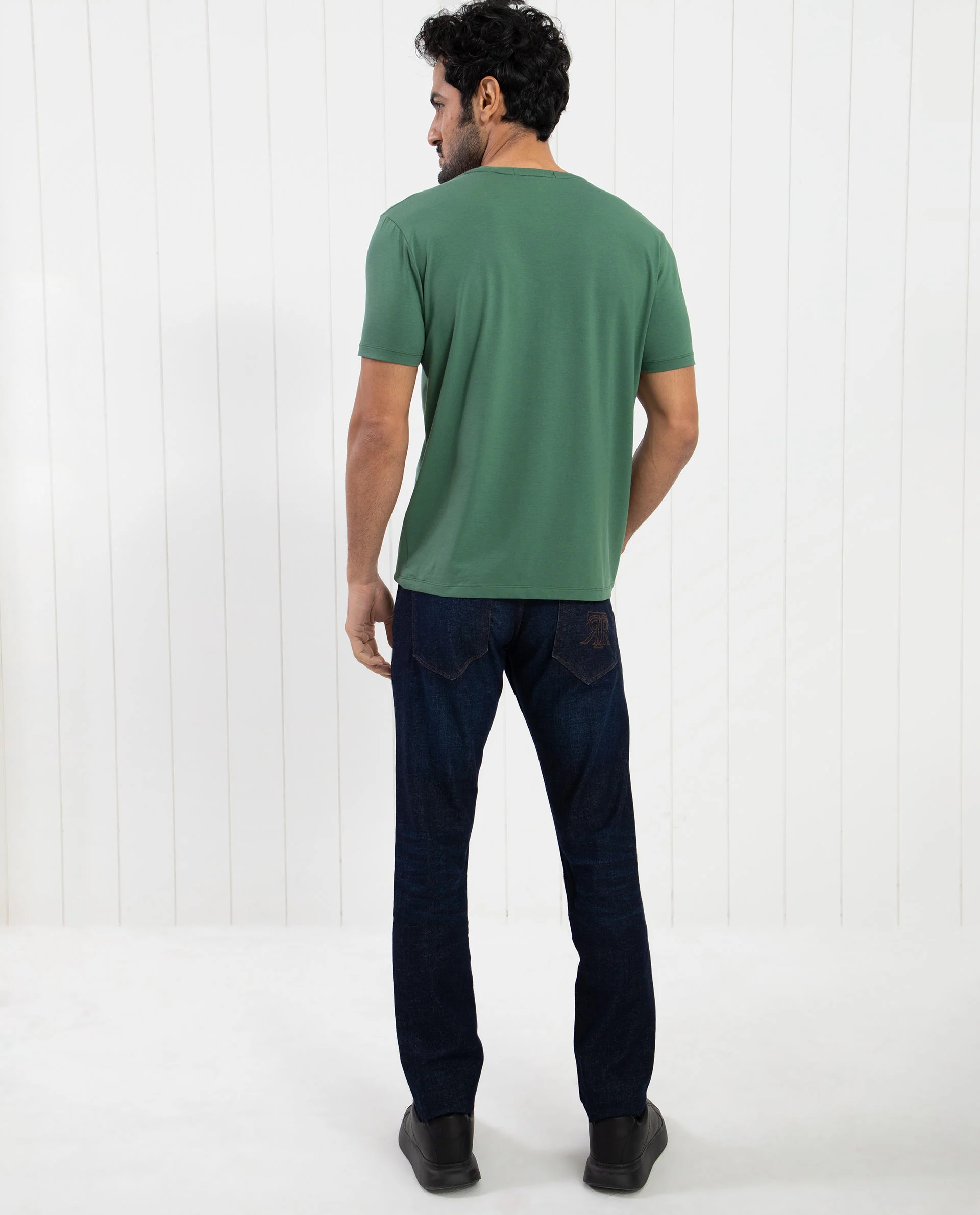 Rare Rabbit Men's Oval-1 Dusky Green Cotton Plain Slim Fit Half Sleeve Crew Neck T-Shirt - Image 11