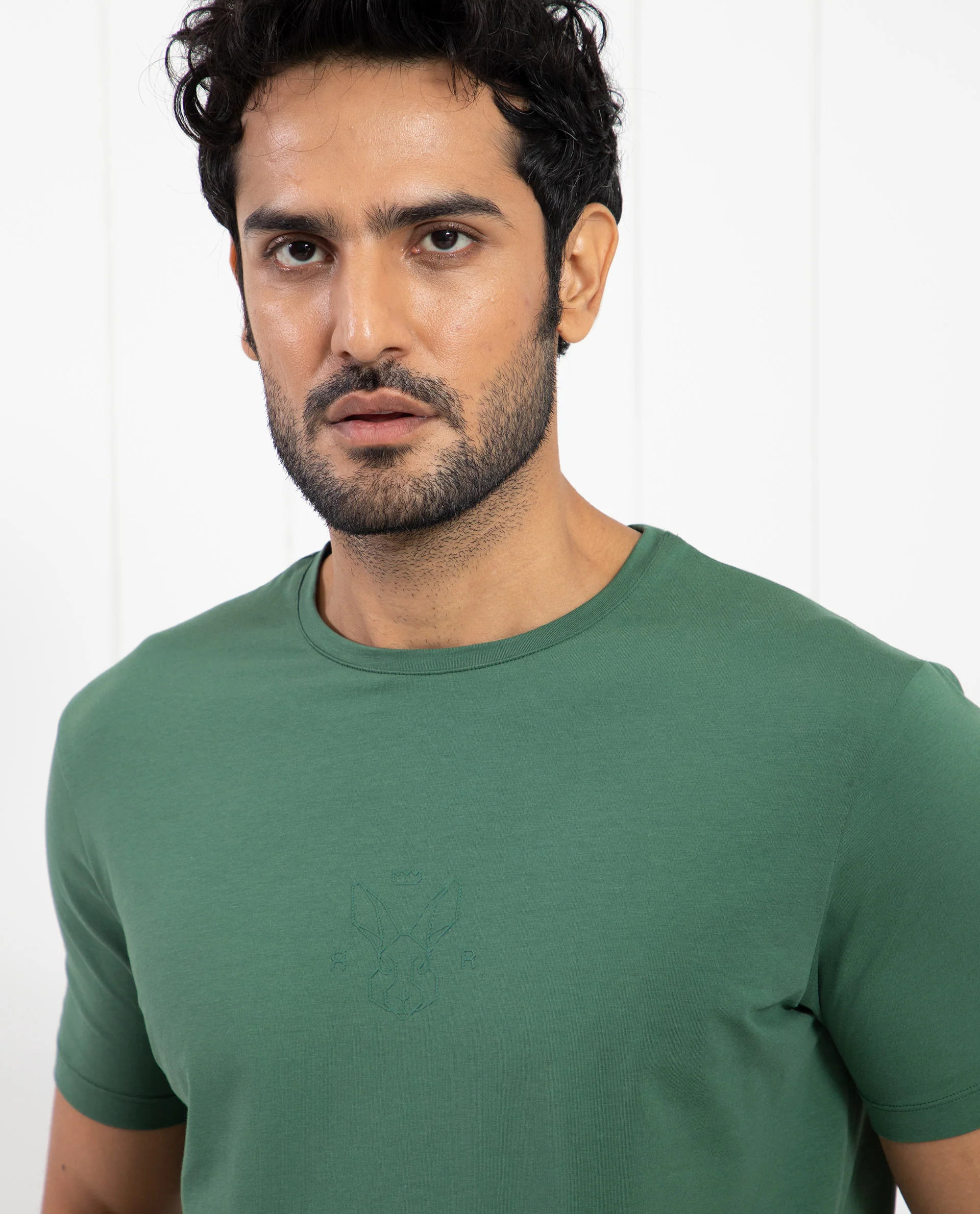 Rare Rabbit Men's Oval-1 Dusky Green Cotton Plain Slim Fit Half Sleeve Crew Neck T-Shirt - Image 2