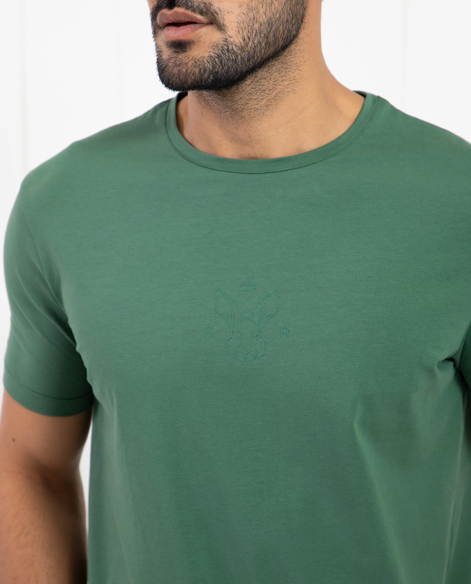 Rare Rabbit Men's Oval-1 Dusky Green Cotton Plain Slim Fit Half Sleeve Crew Neck T-Shirt - Image 3