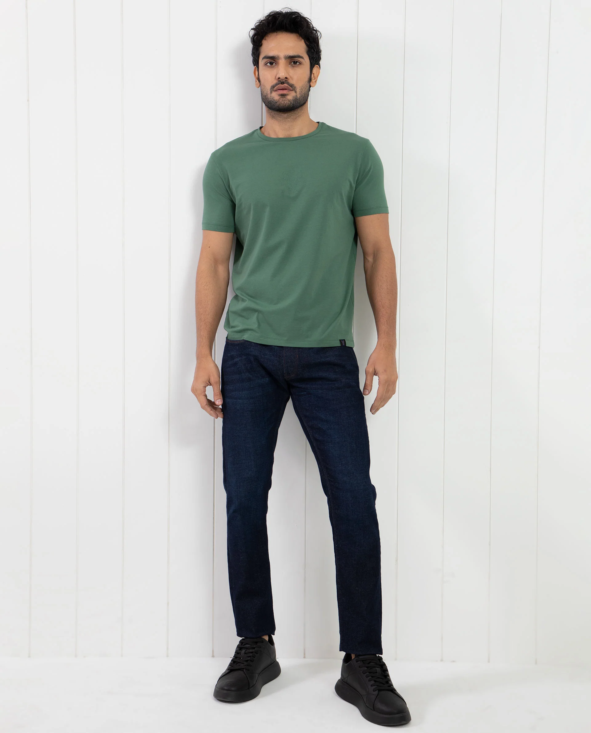 Rare Rabbit Men's Oval-1 Dusky Green Cotton Plain Slim Fit Half Sleeve Crew Neck T-Shirt - Image 4