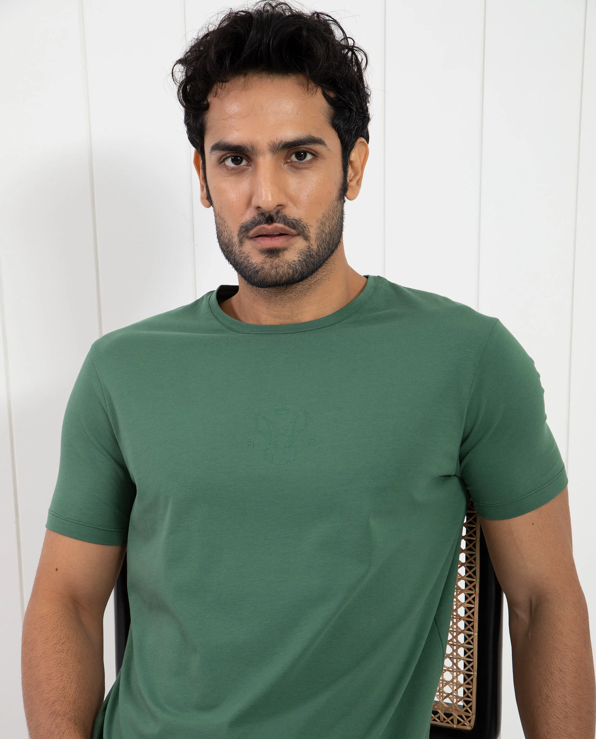 Rare Rabbit Men's Oval-1 Dusky Green Cotton Plain Slim Fit Half Sleeve Crew Neck T-Shirt - Image 5