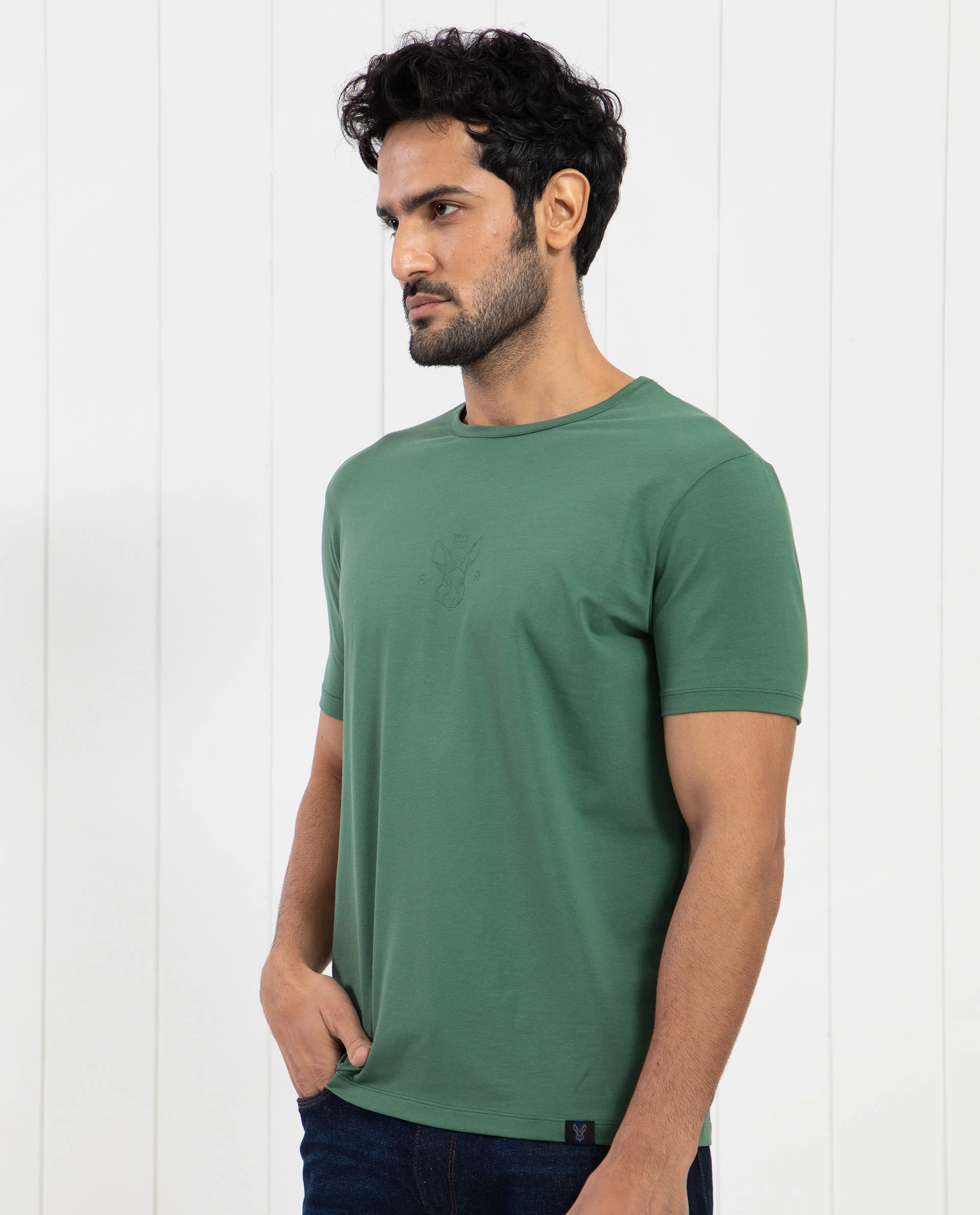 Rare Rabbit Men's Oval-1 Dusky Green Cotton Plain Slim Fit Half Sleeve Crew Neck T-Shirt - Image 6