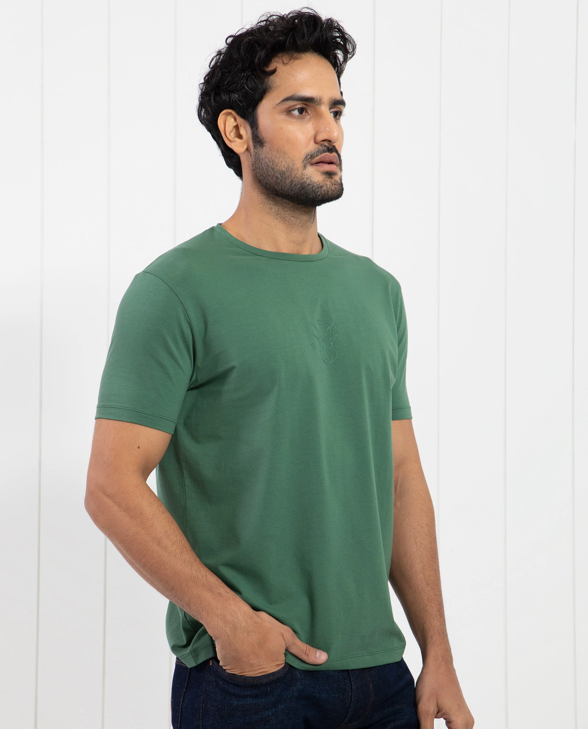 Rare Rabbit Men's Oval-1 Dusky Green Cotton Plain Slim Fit Half Sleeve Crew Neck T-Shirt - Image 7