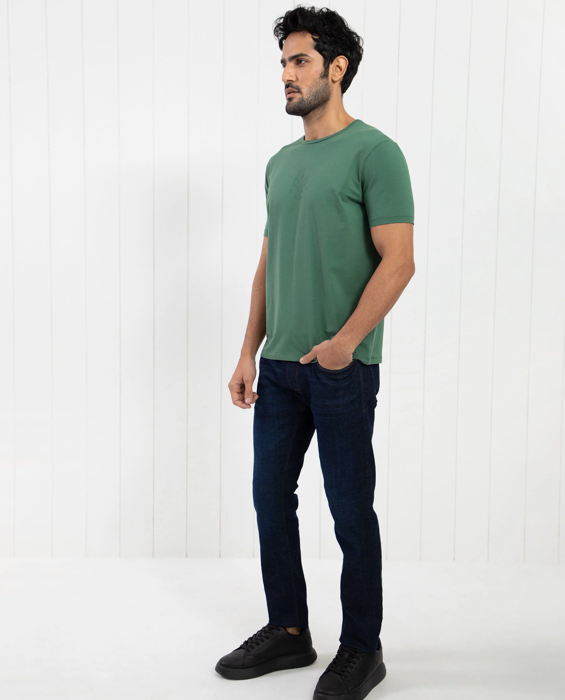Rare Rabbit Men's Oval-1 Dusky Green Cotton Plain Slim Fit Half Sleeve Crew Neck T-Shirt - Image 8