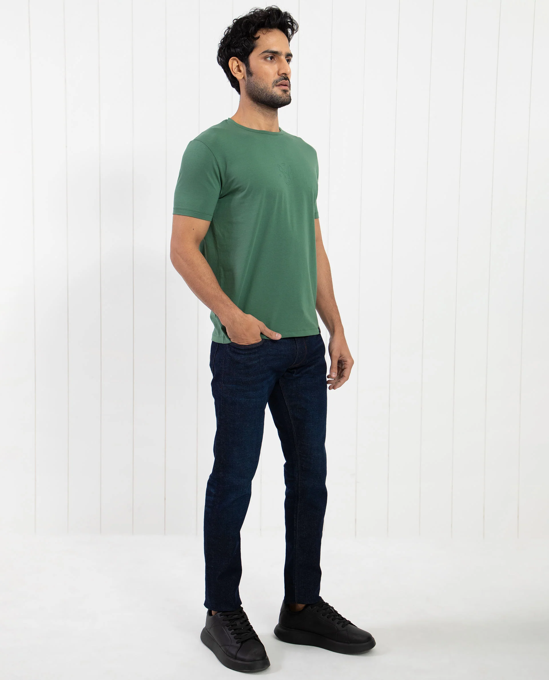Rare Rabbit Men's Oval-1 Dusky Green Cotton Plain Slim Fit Half Sleeve Crew Neck T-Shirt - Image 9