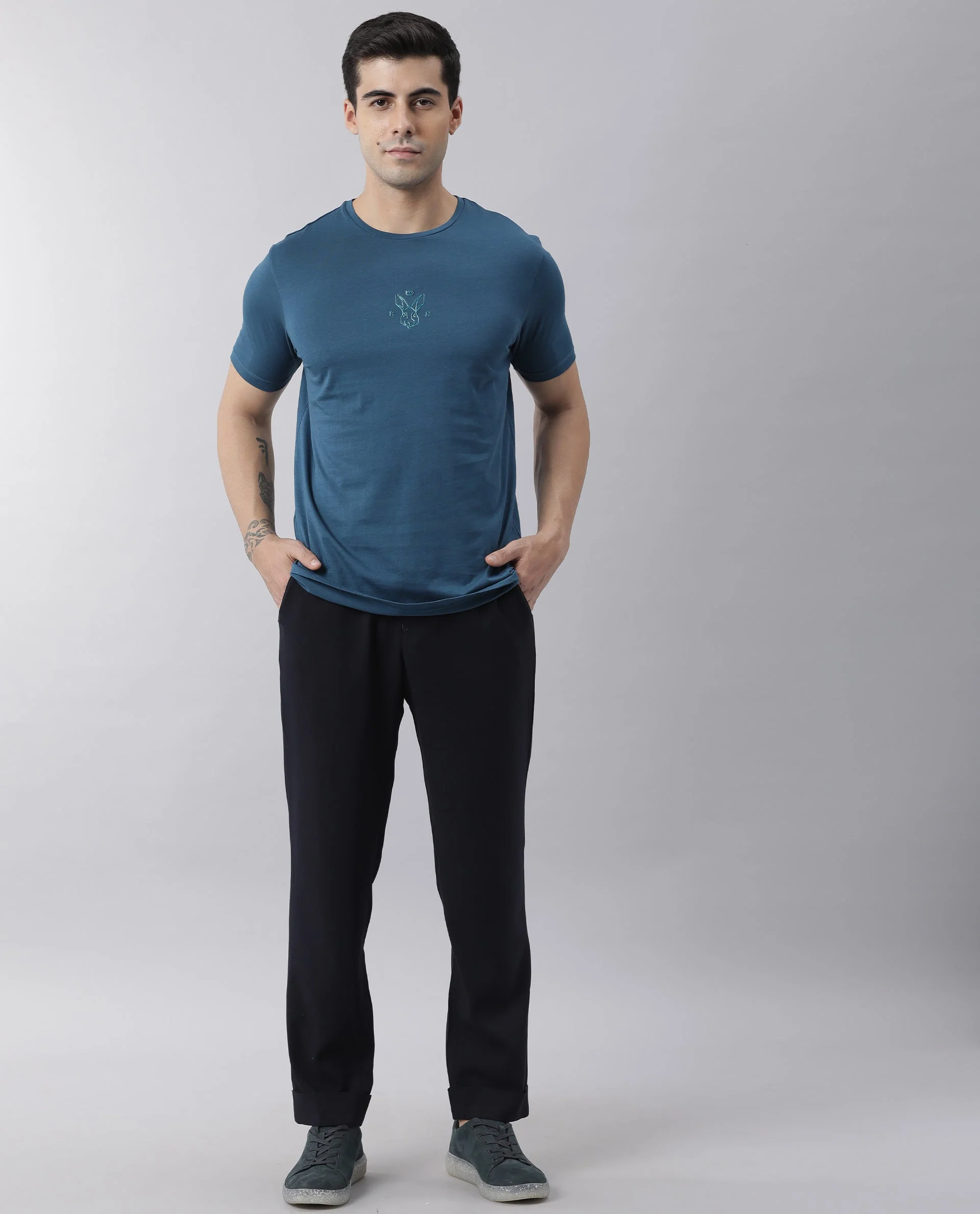 Rare Rabbit Men's Oval Petrol Cotton Graphic Print Slim Fit Half Sleeve Crew Neck T-Shirt - Image 2
