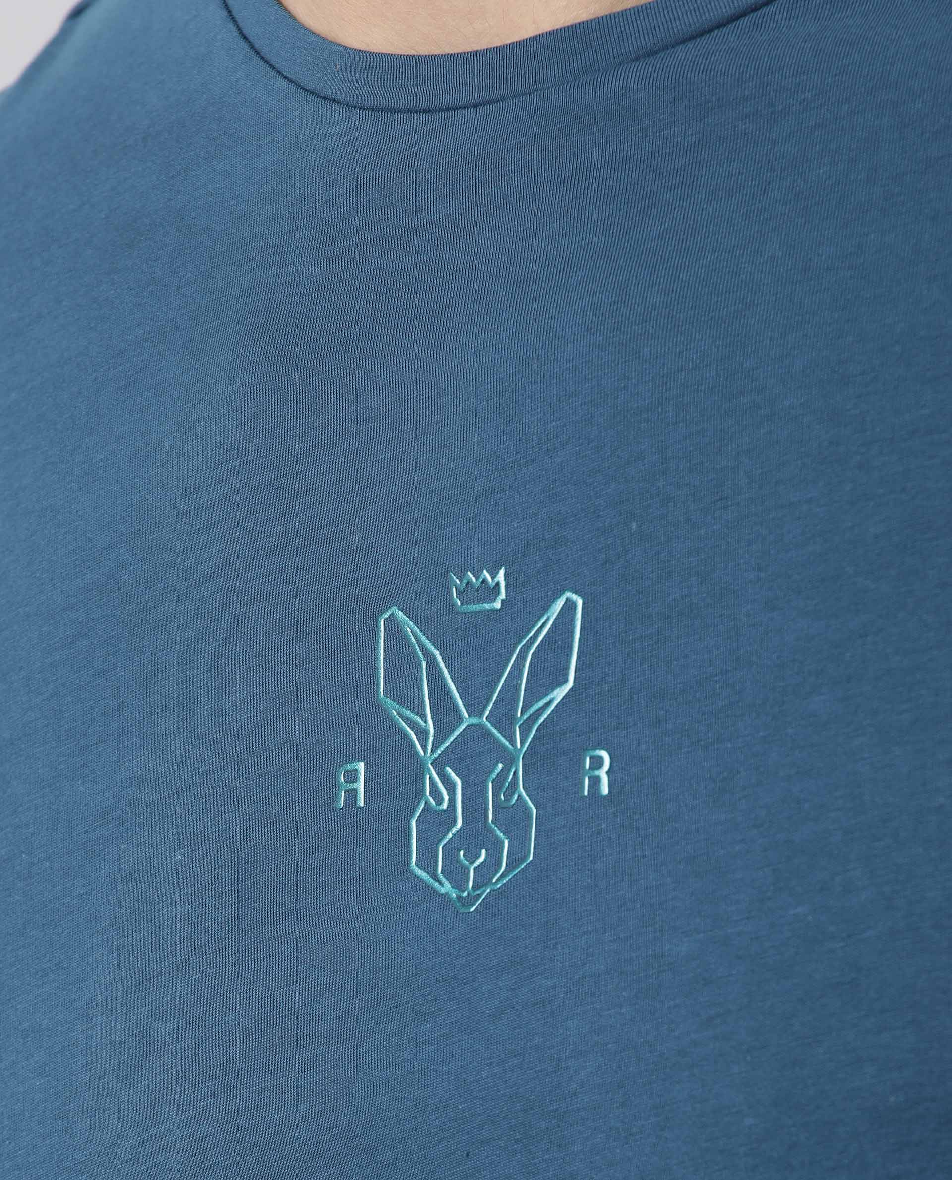 Rare Rabbit Men's Oval Petrol Cotton Graphic Print Slim Fit Half Sleeve Crew Neck T-Shirt - Image 3