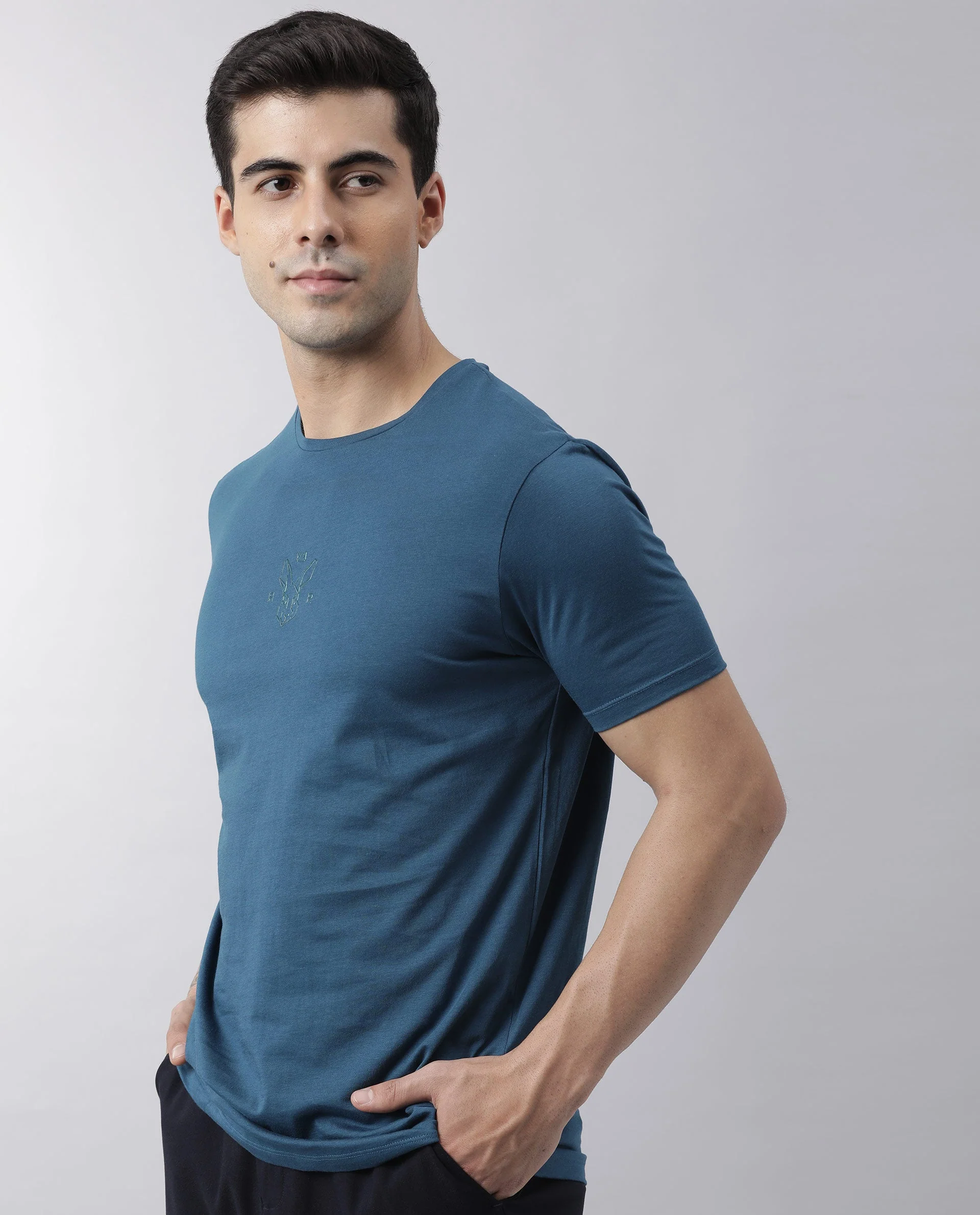 Rare Rabbit Men's Oval Petrol Cotton Graphic Print Slim Fit Half Sleeve Crew Neck T-Shirt - Image 4