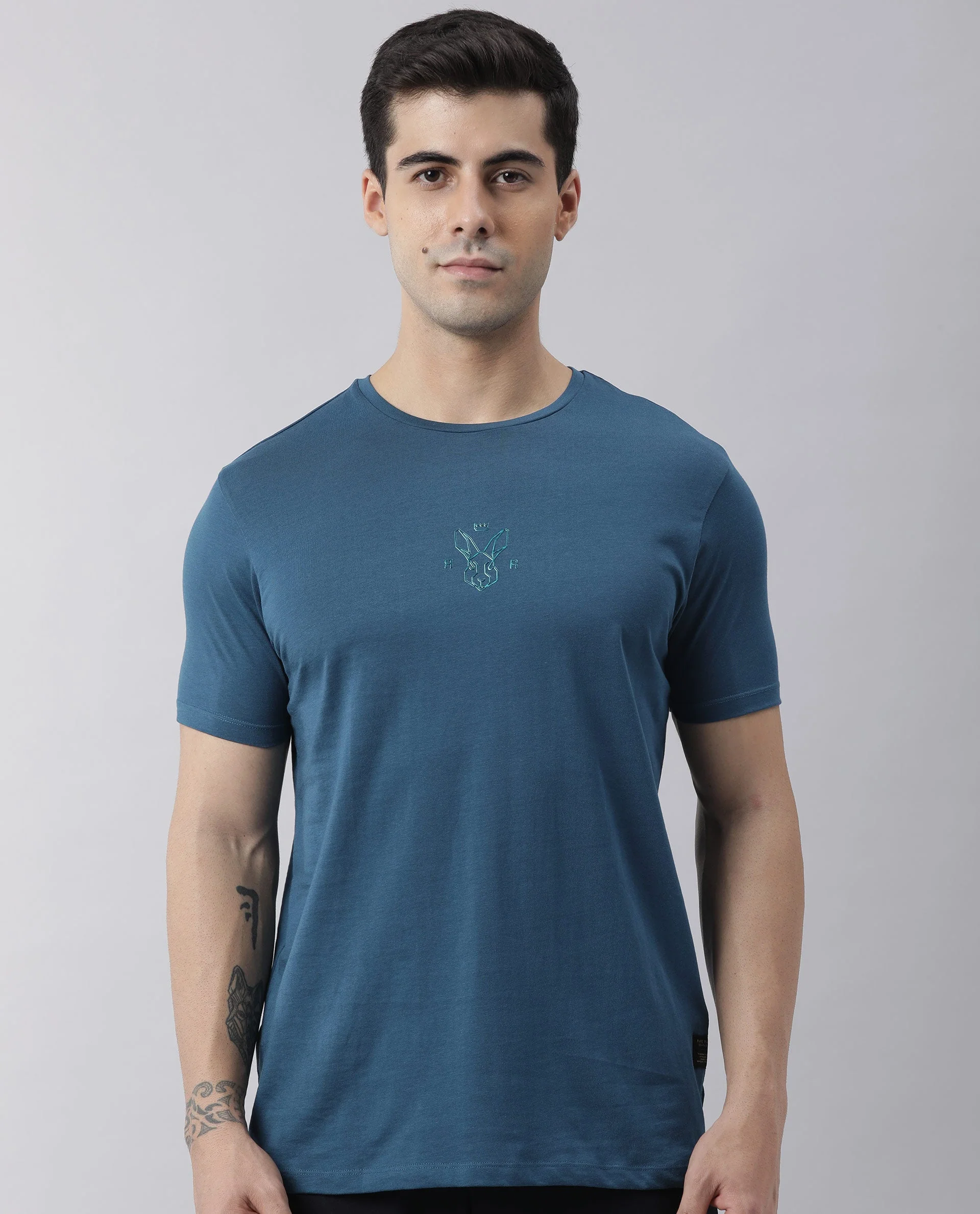 Rare Rabbit Men's Oval Petrol Cotton Graphic Print Slim Fit Half Sleeve Crew Neck T-Shirt - Image 5