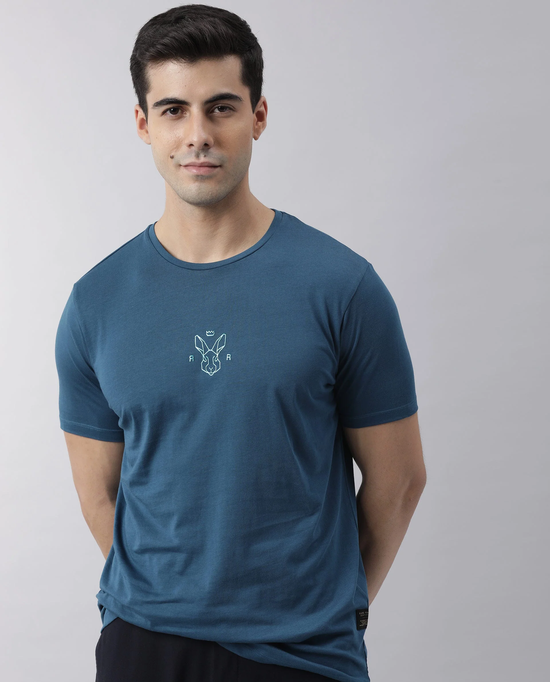 Rare Rabbit Men's Oval Petrol Cotton Graphic Print Slim Fit Half Sleeve Crew Neck T-Shirt - Image 6
