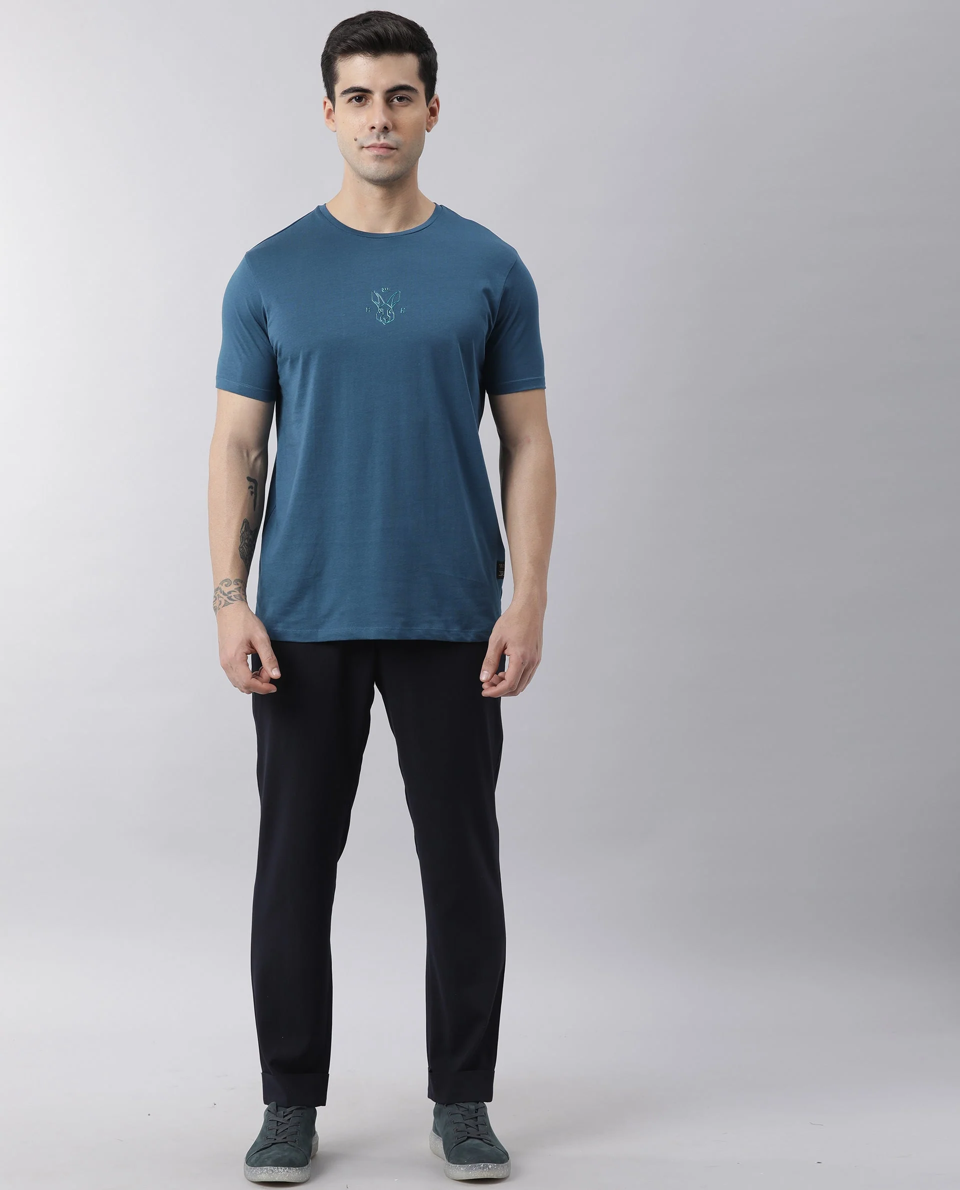 Rare Rabbit Men's Oval Petrol Cotton Graphic Print Slim Fit Half Sleeve Crew Neck T-Shirt - Image 7