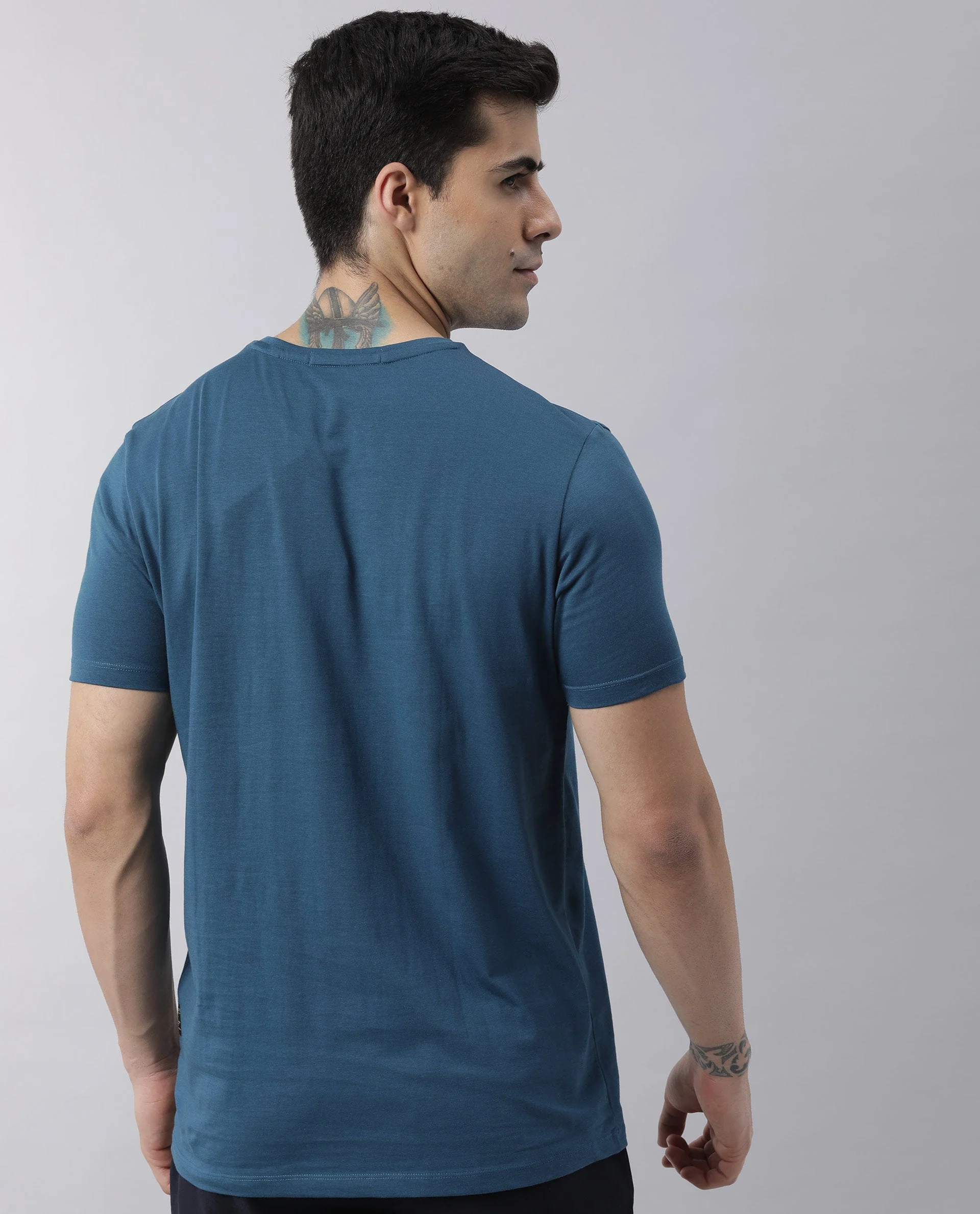 Rare Rabbit Men's Oval Petrol Cotton Graphic Print Slim Fit Half Sleeve Crew Neck T-Shirt - Image 8