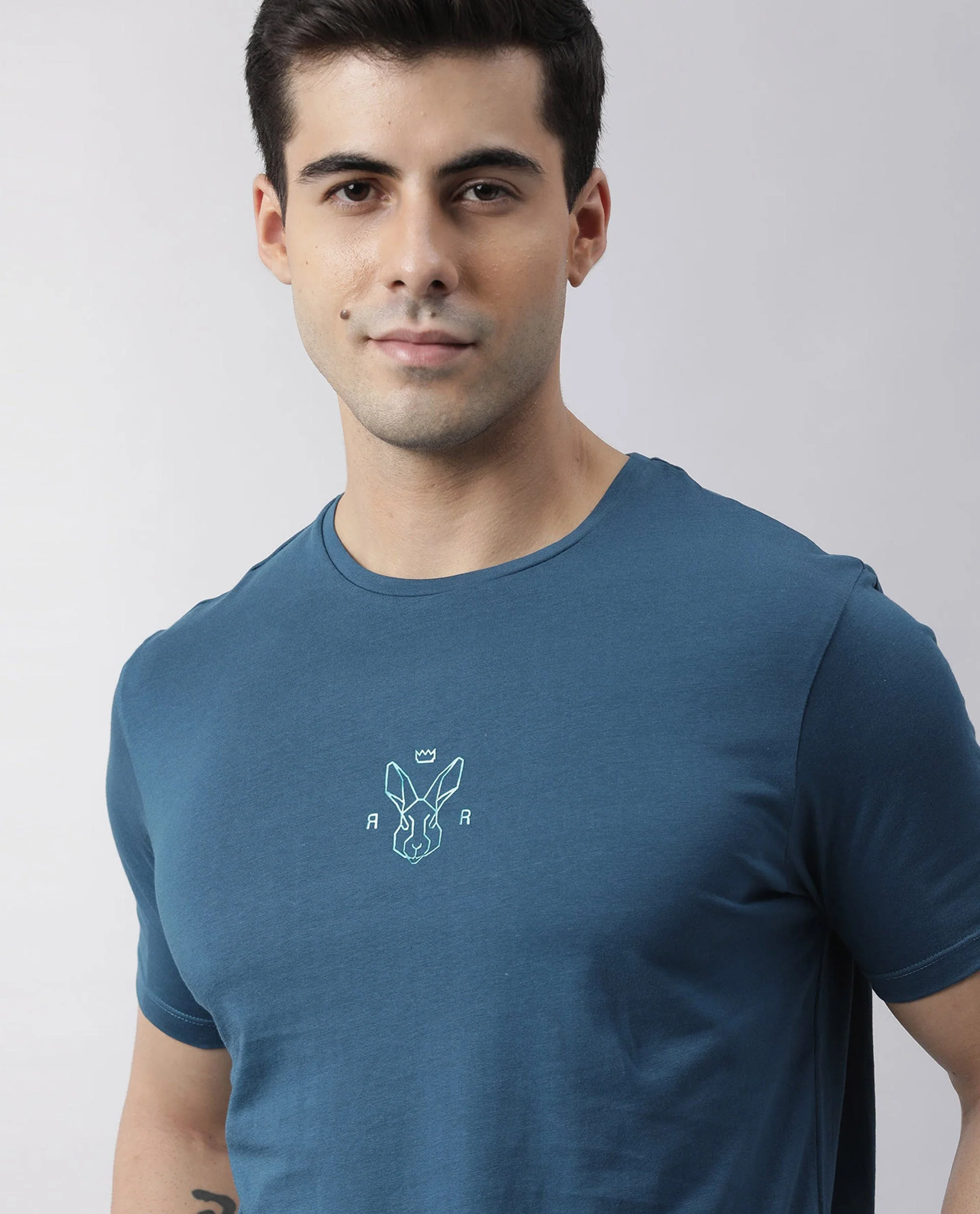 Rare Rabbit Men's Oval Petrol Cotton Graphic Print Slim Fit Half Sleeve Crew Neck T-Shirt - Image 9