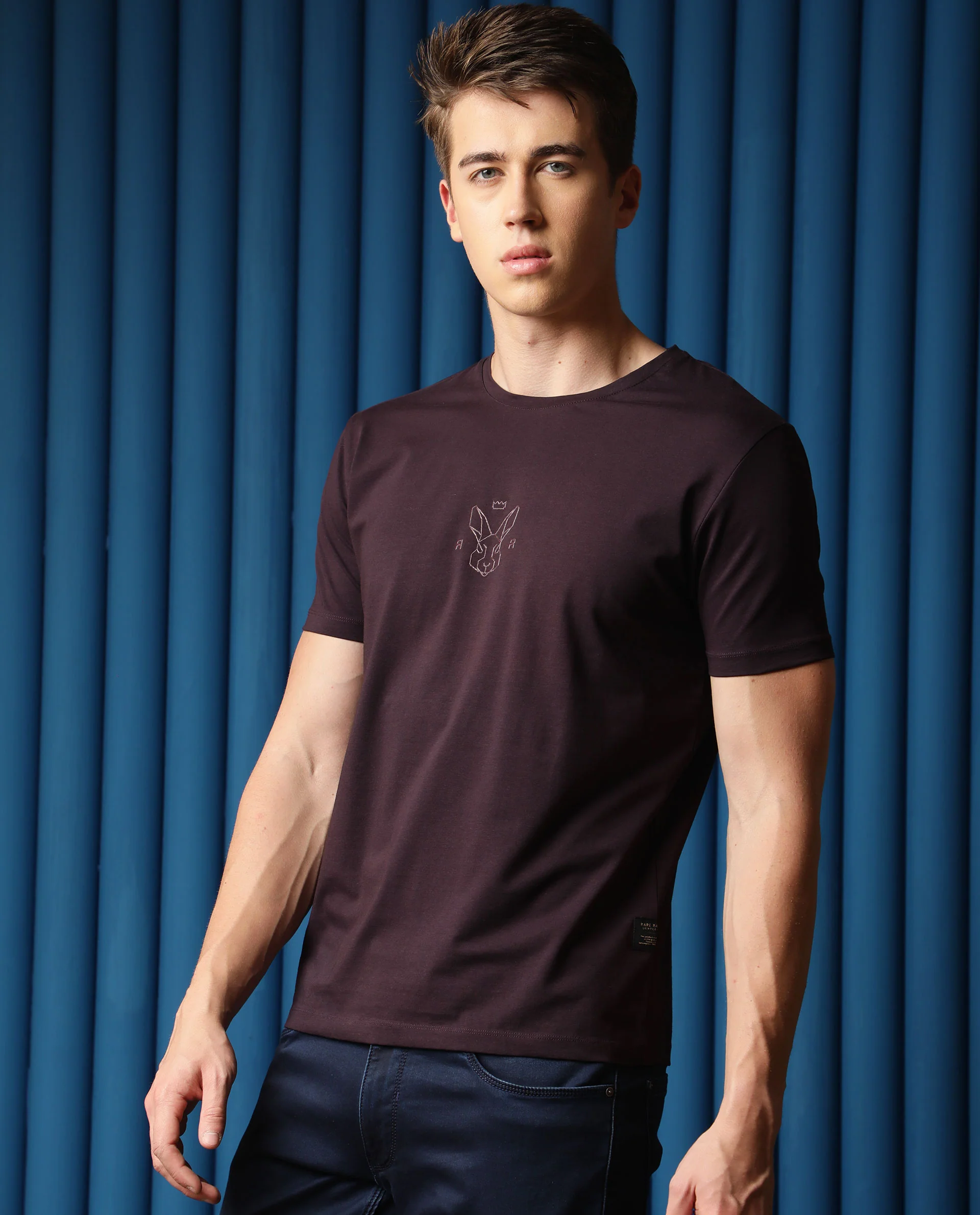 Rare Rabbit Men's Ovale Dark Purple Cotton Graphic Print Slim Fit Half Sleeve Crew Neck T-Shirt