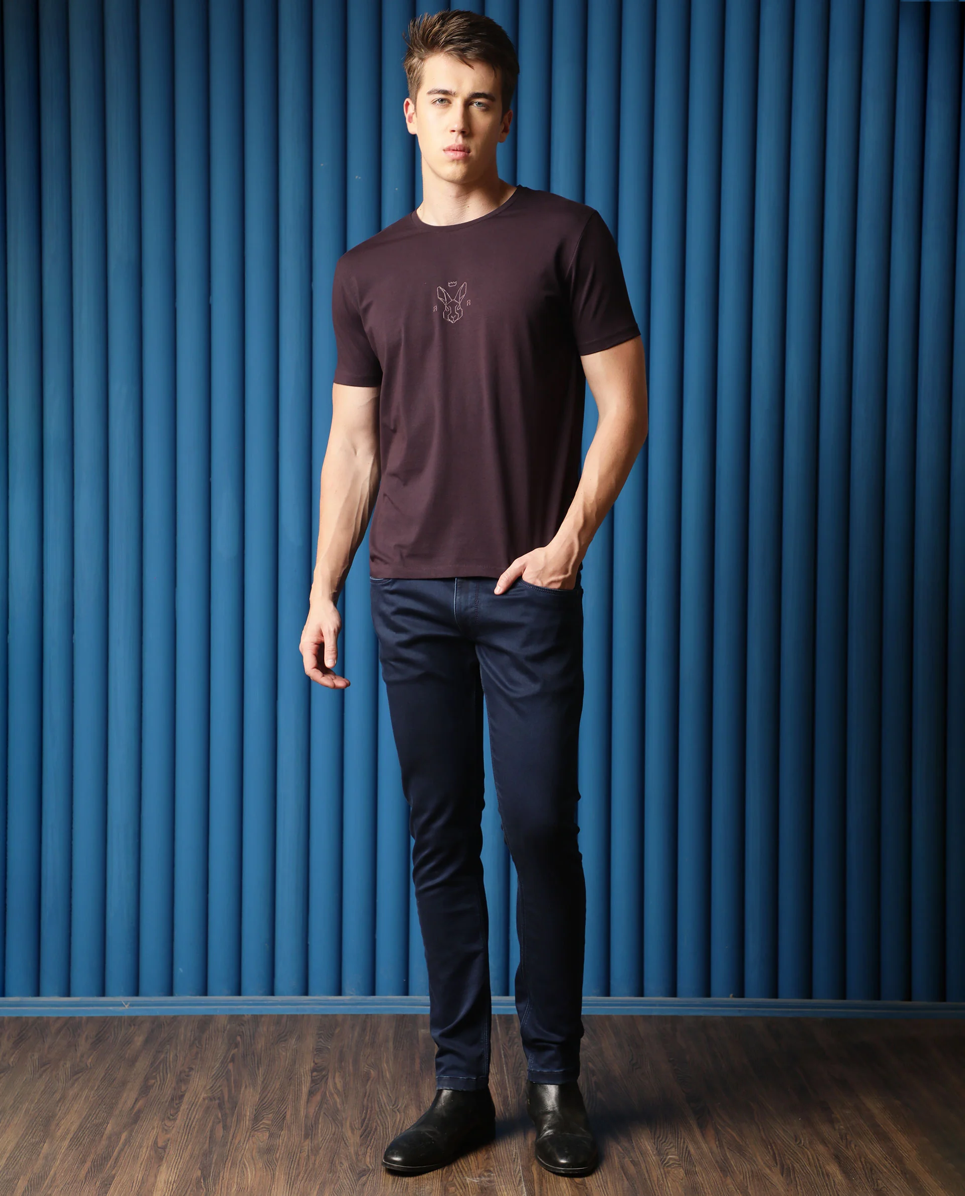 Rare Rabbit Men's Ovale Dark Purple Cotton Graphic Print Slim Fit Half Sleeve Crew Neck T-Shirt - Image 2