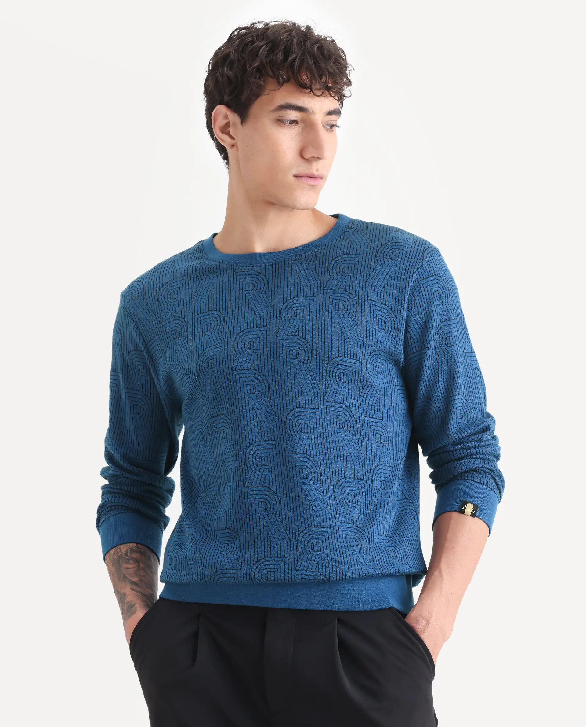 Rare Rabbit Men's Ove Blue Cotton Graphic Print Relaxed Fit Full Sleeve Crew Neck Sweatshirt - Image 3