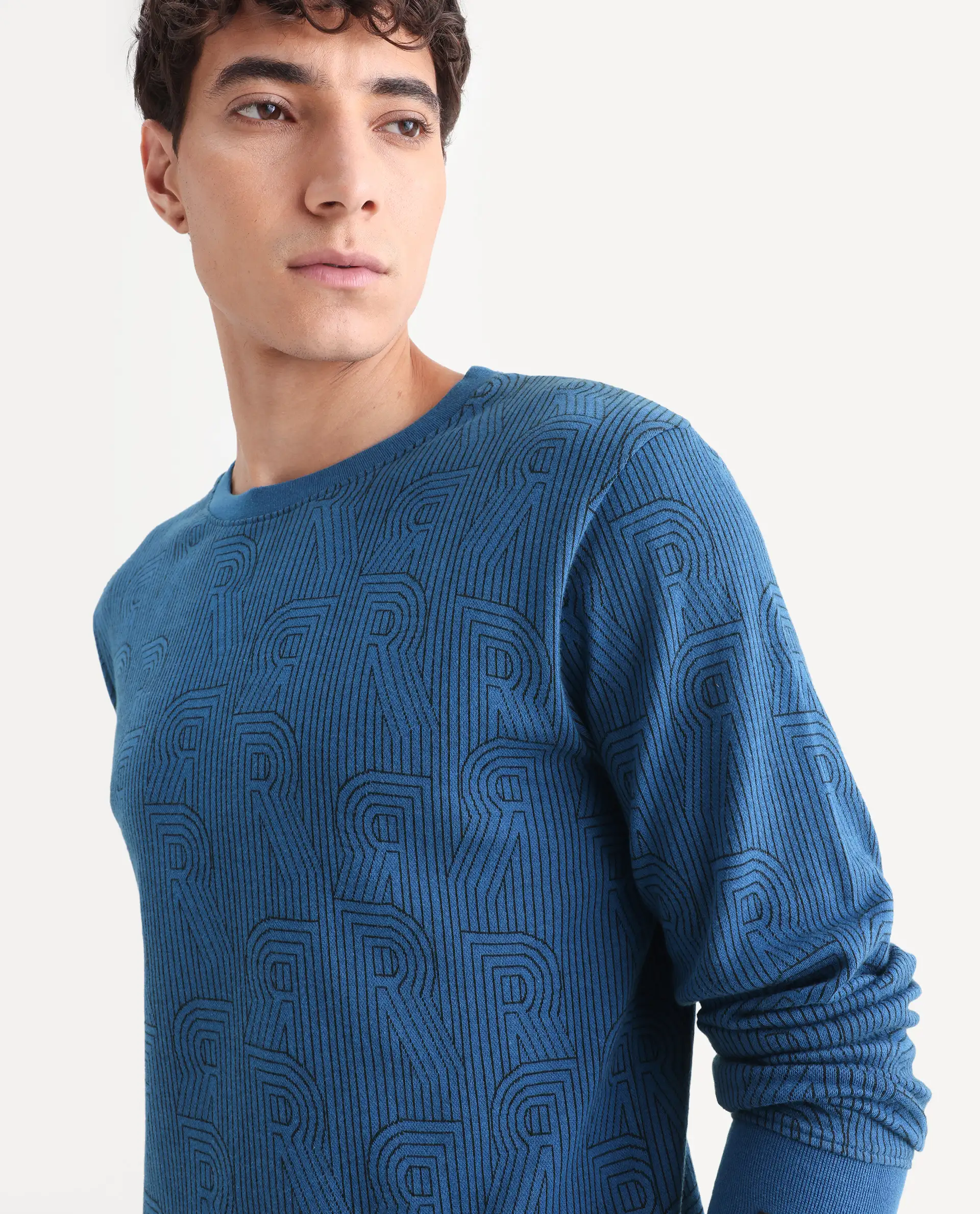 Rare Rabbit Men's Ove Blue Cotton Graphic Print Relaxed Fit Full Sleeve Crew Neck Sweatshirt - Image 4