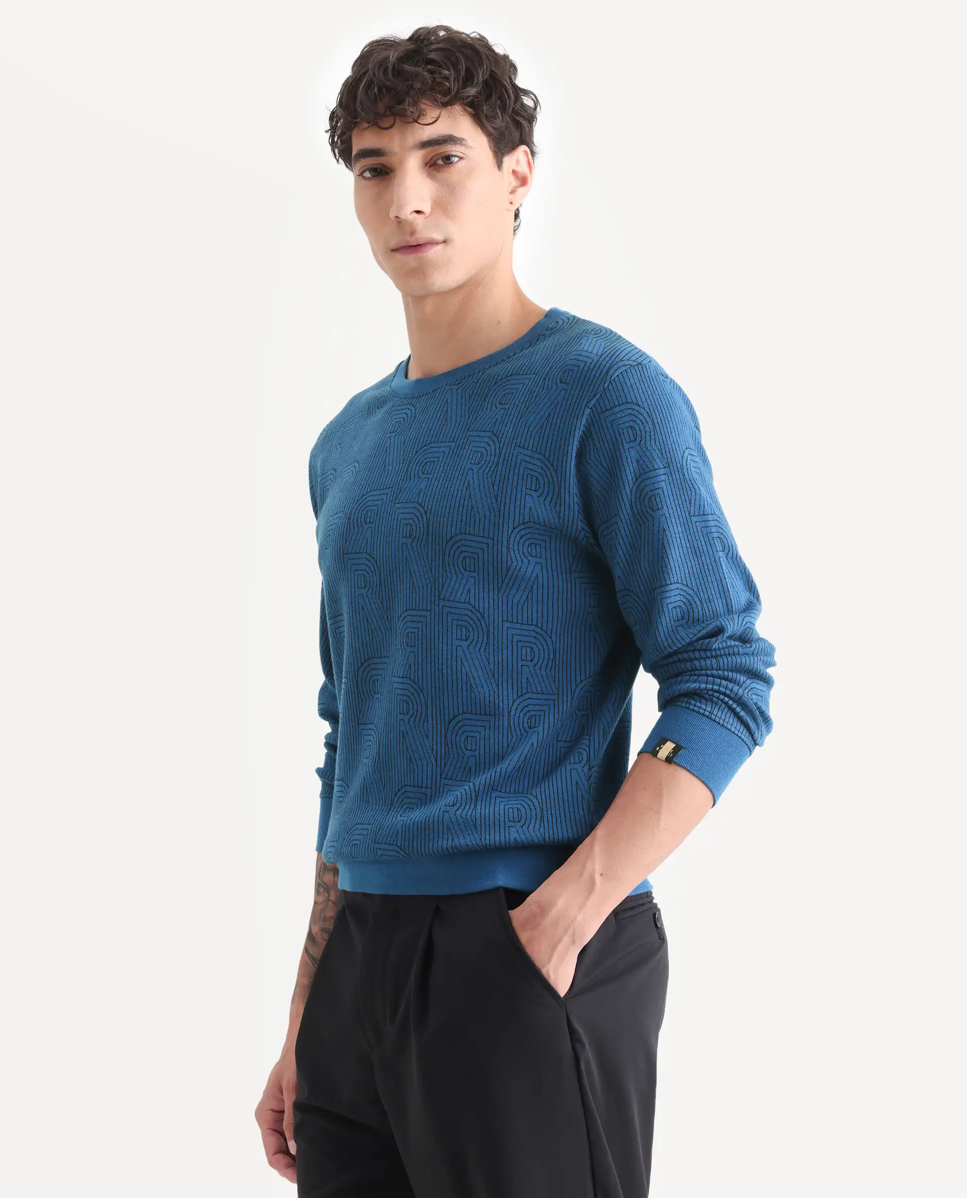 Rare Rabbit Men's Ove Blue Cotton Graphic Print Relaxed Fit Full Sleeve Crew Neck Sweatshirt - Image 5