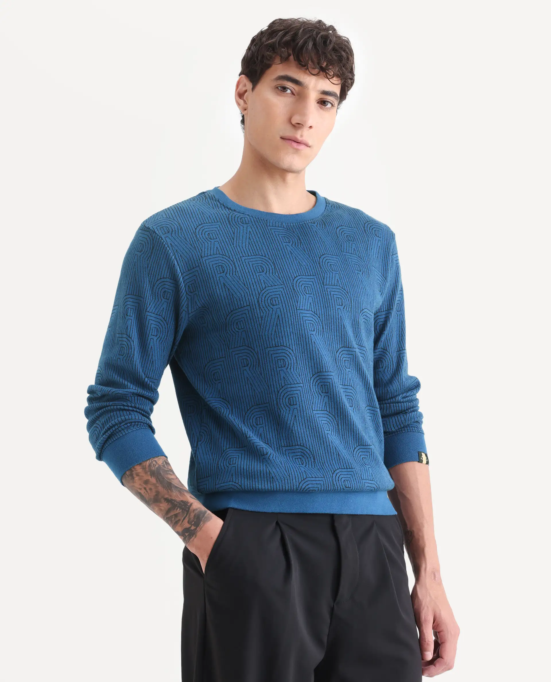 Rare Rabbit Men's Ove Blue Cotton Graphic Print Relaxed Fit Full Sleeve Crew Neck Sweatshirt - Image 6