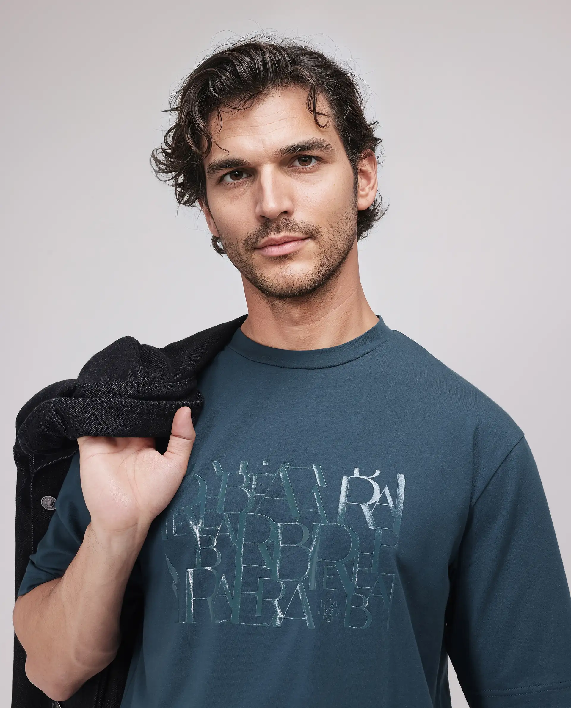 Rare Rabbit Men's Ovem Dusky Teal Cotton Blend Graphic Print Qlo Fit Half Sleeve Crew Neck T-Shirt - Image 2
