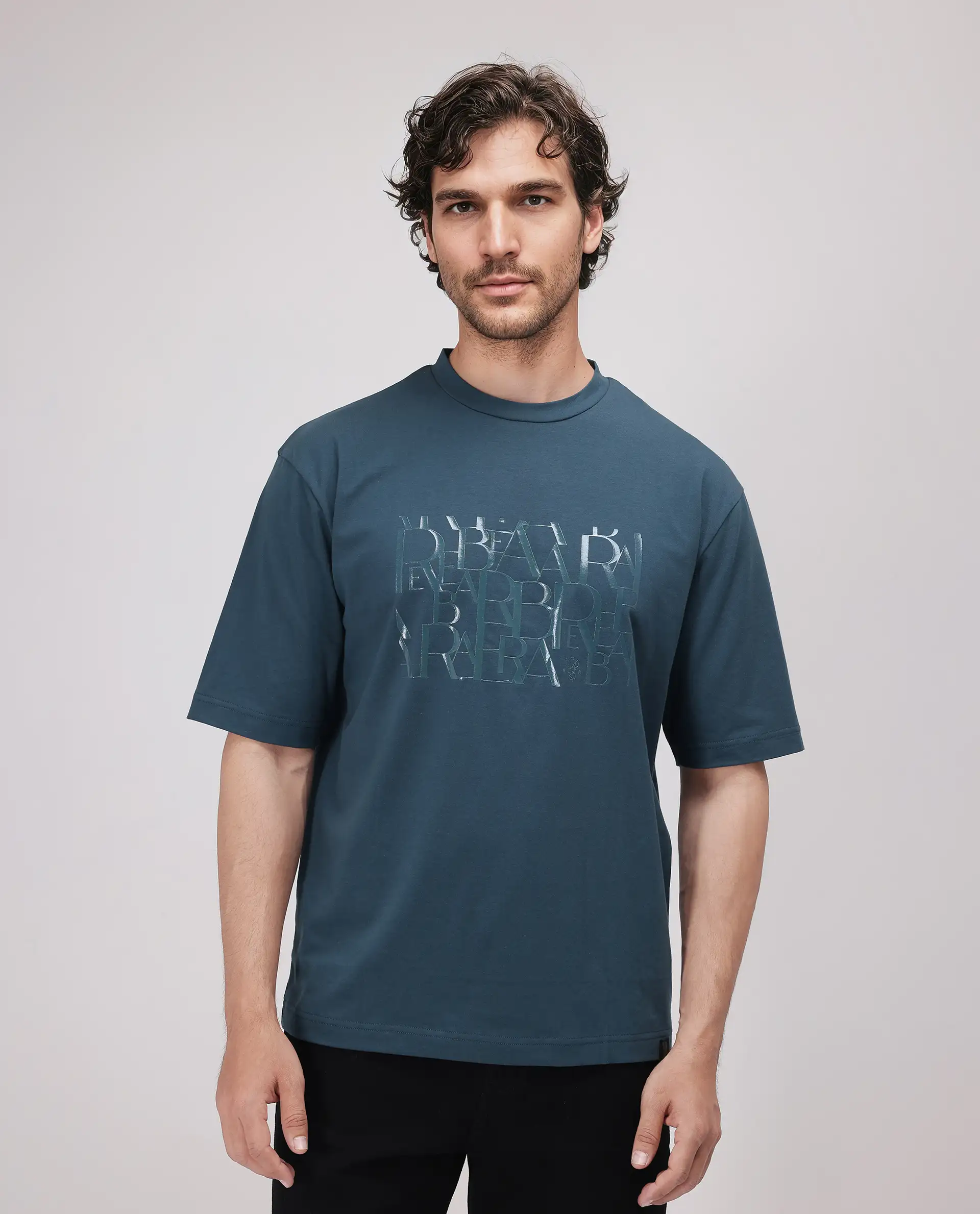 Rare Rabbit Men's Ovem Dusky Teal Cotton Blend Graphic Print Qlo Fit Half Sleeve Crew Neck T-Shirt - Image 3