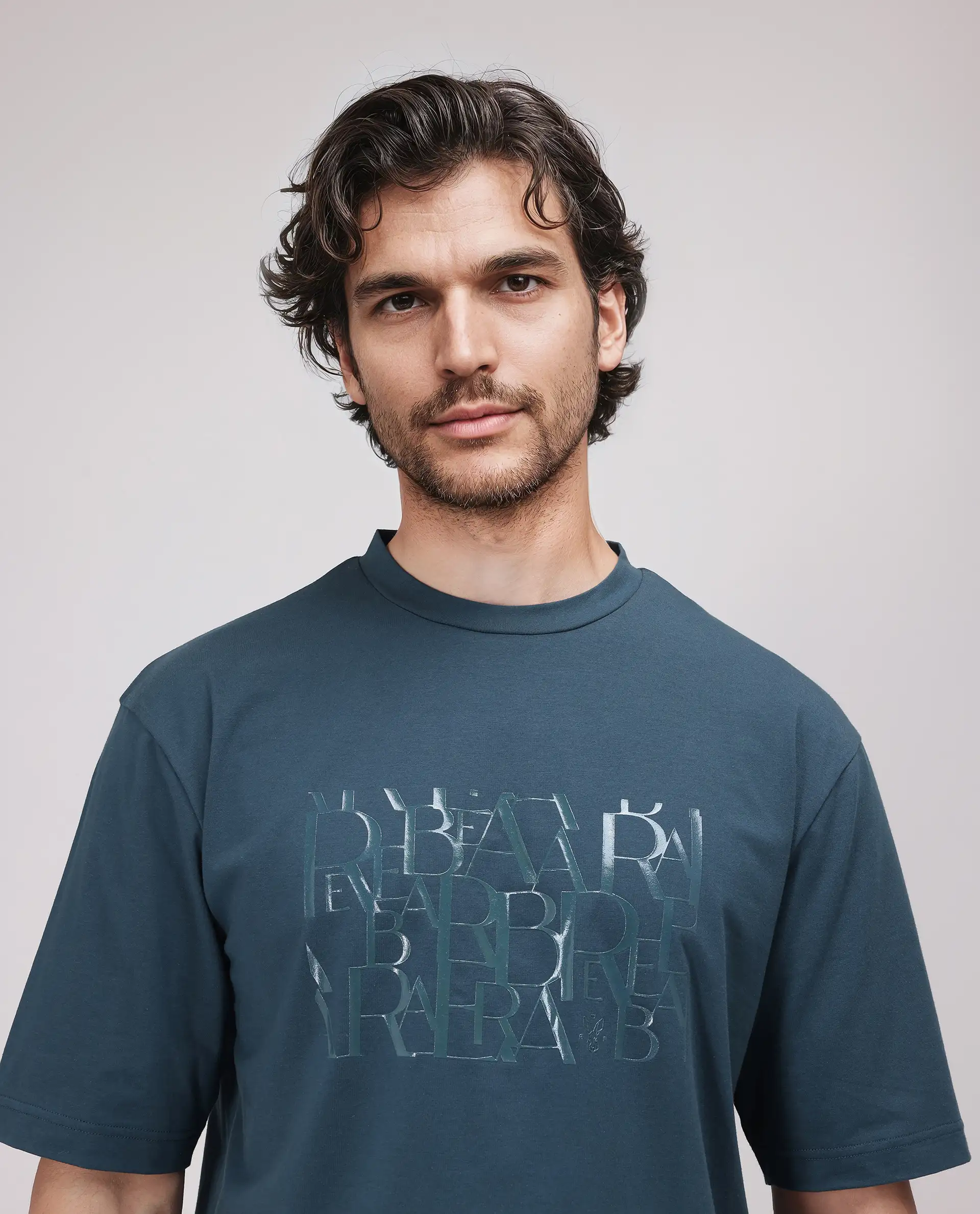 Rare Rabbit Men's Ovem Dusky Teal Cotton Blend Graphic Print Qlo Fit Half Sleeve Crew Neck T-Shirt - Image 4