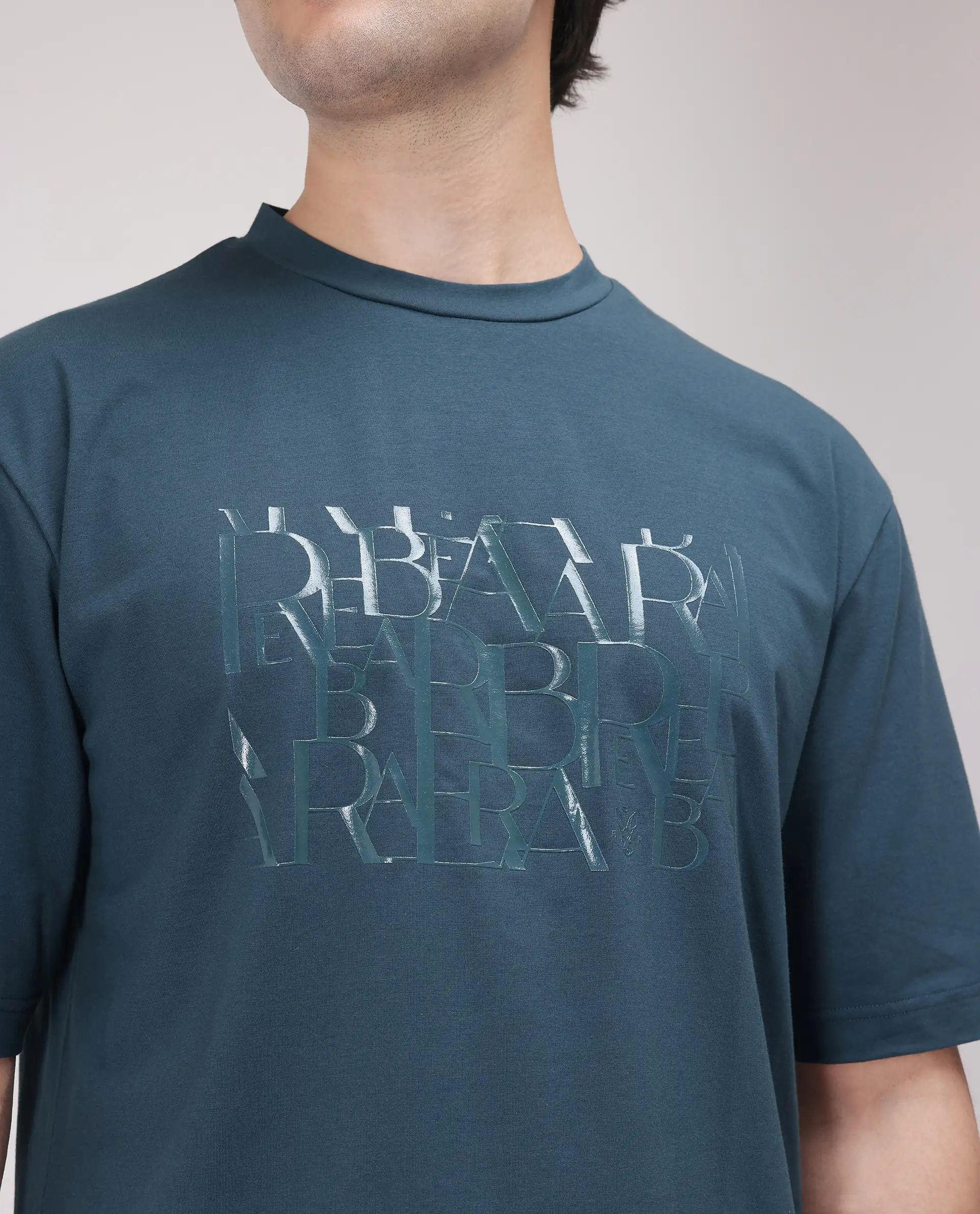 Rare Rabbit Men's Ovem Dusky Teal Cotton Blend Graphic Print Qlo Fit Half Sleeve Crew Neck T-Shirt - Image 5