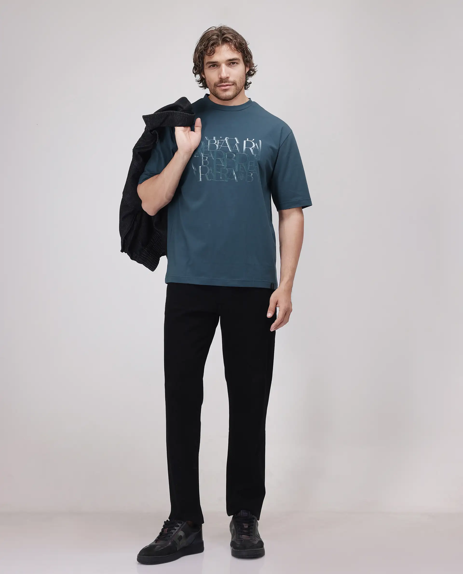 Rare Rabbit Men's Ovem Dusky Teal Cotton Blend Graphic Print Qlo Fit Half Sleeve Crew Neck T-Shirt - Image 7