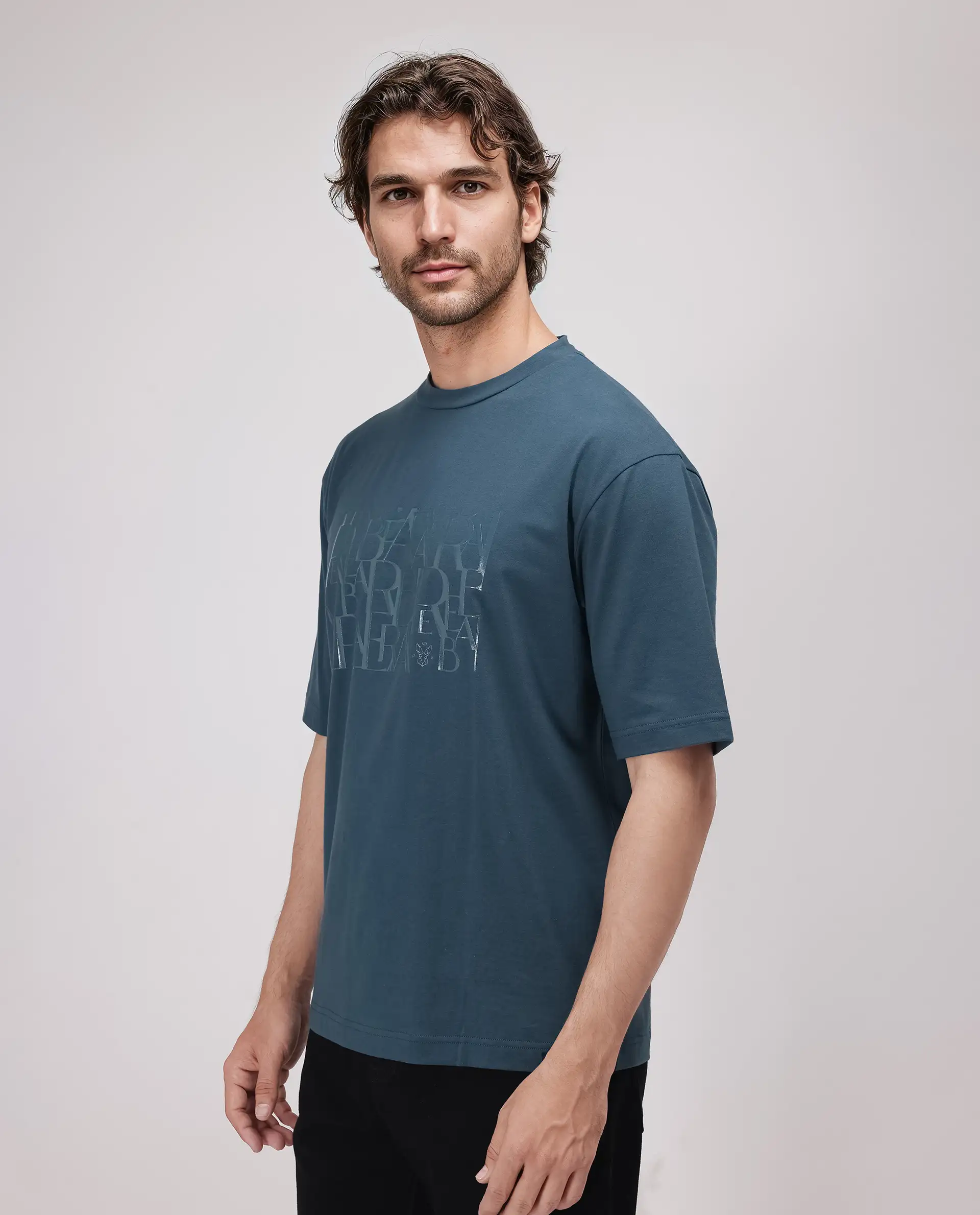 Rare Rabbit Men's Ovem Dusky Teal Cotton Blend Graphic Print Qlo Fit Half Sleeve Crew Neck T-Shirt - Image 8