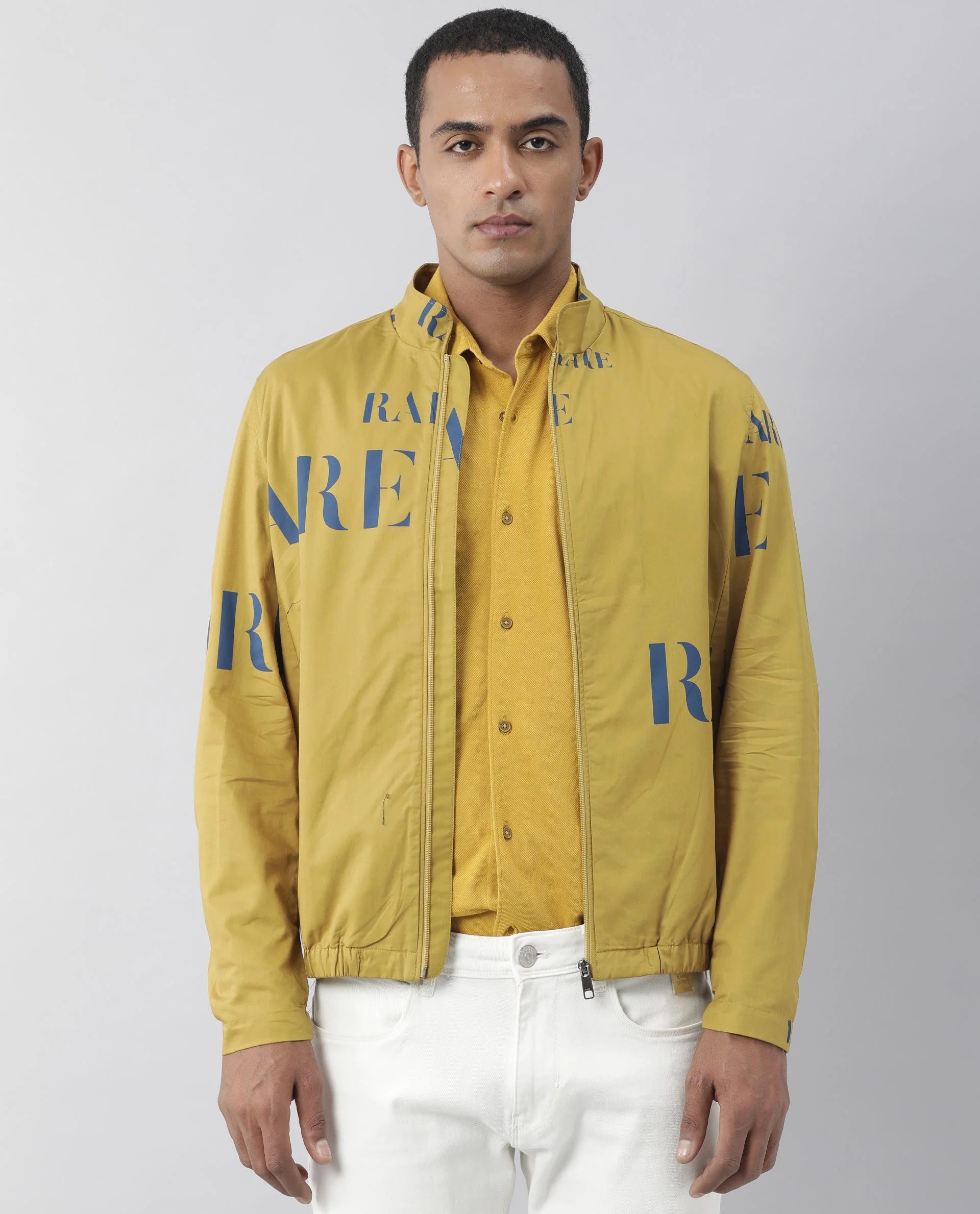 Rare Rabbit Men's Overed Mustard Polyester Monogram Print Regular Fit Full Sleeve High Neck Jacket