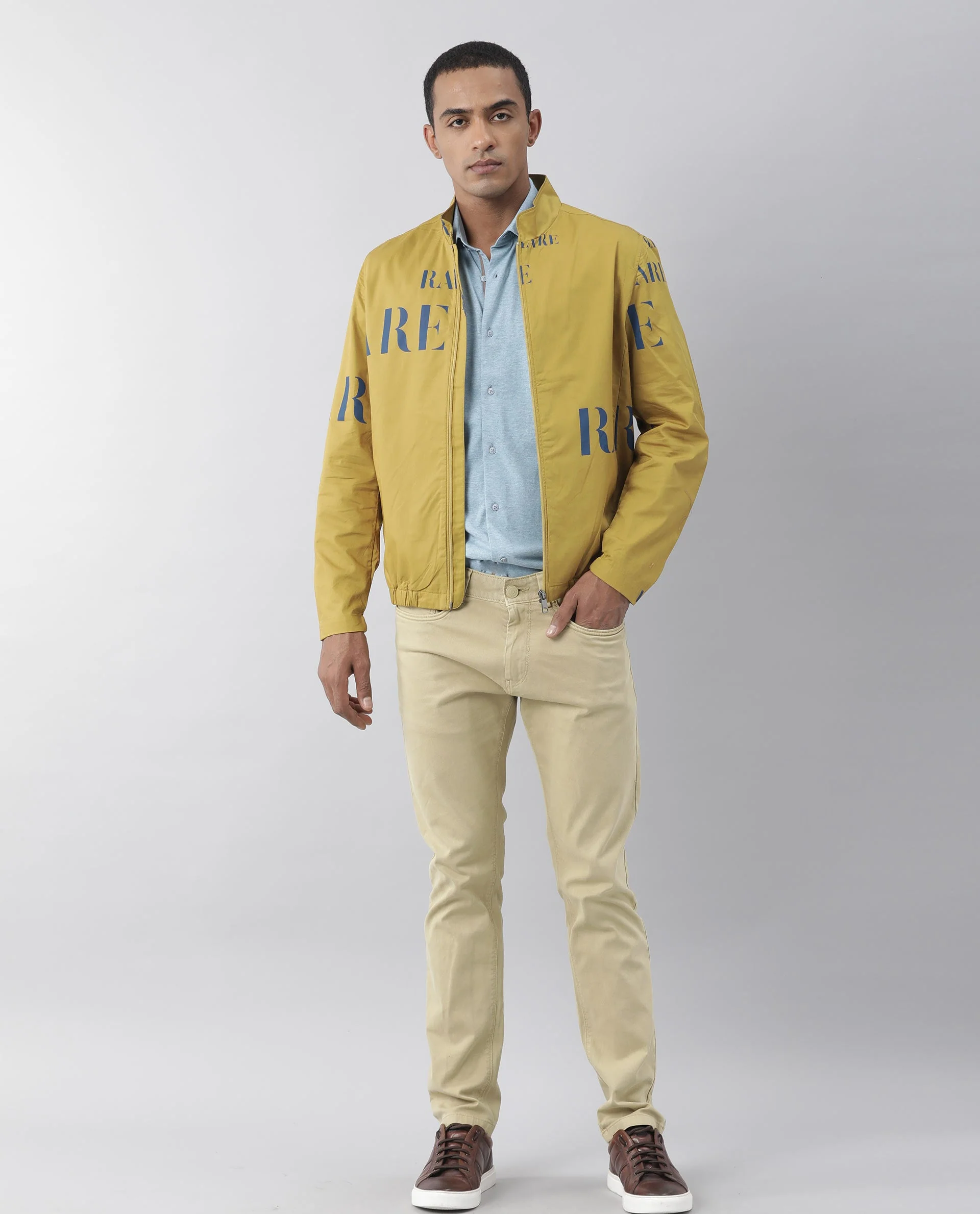 Rare Rabbit Men's Overed Mustard Polyester Monogram Print Regular Fit Full Sleeve High Neck Jacket - Image 5