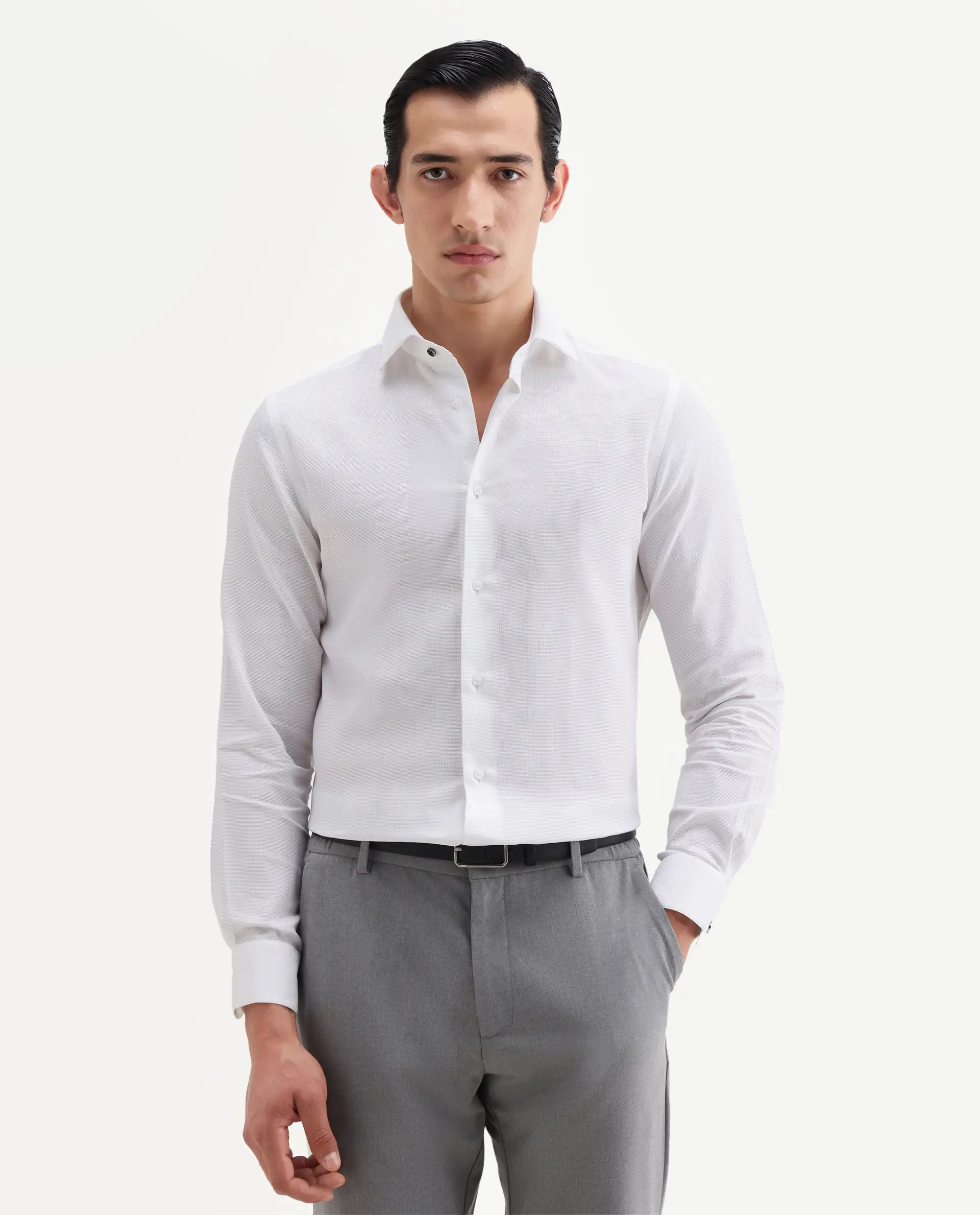 Rare Rabbit Men's Ovia White Cotton Fabric Full Sleeve Spread Collar Regular Plain Shirt - Image 4