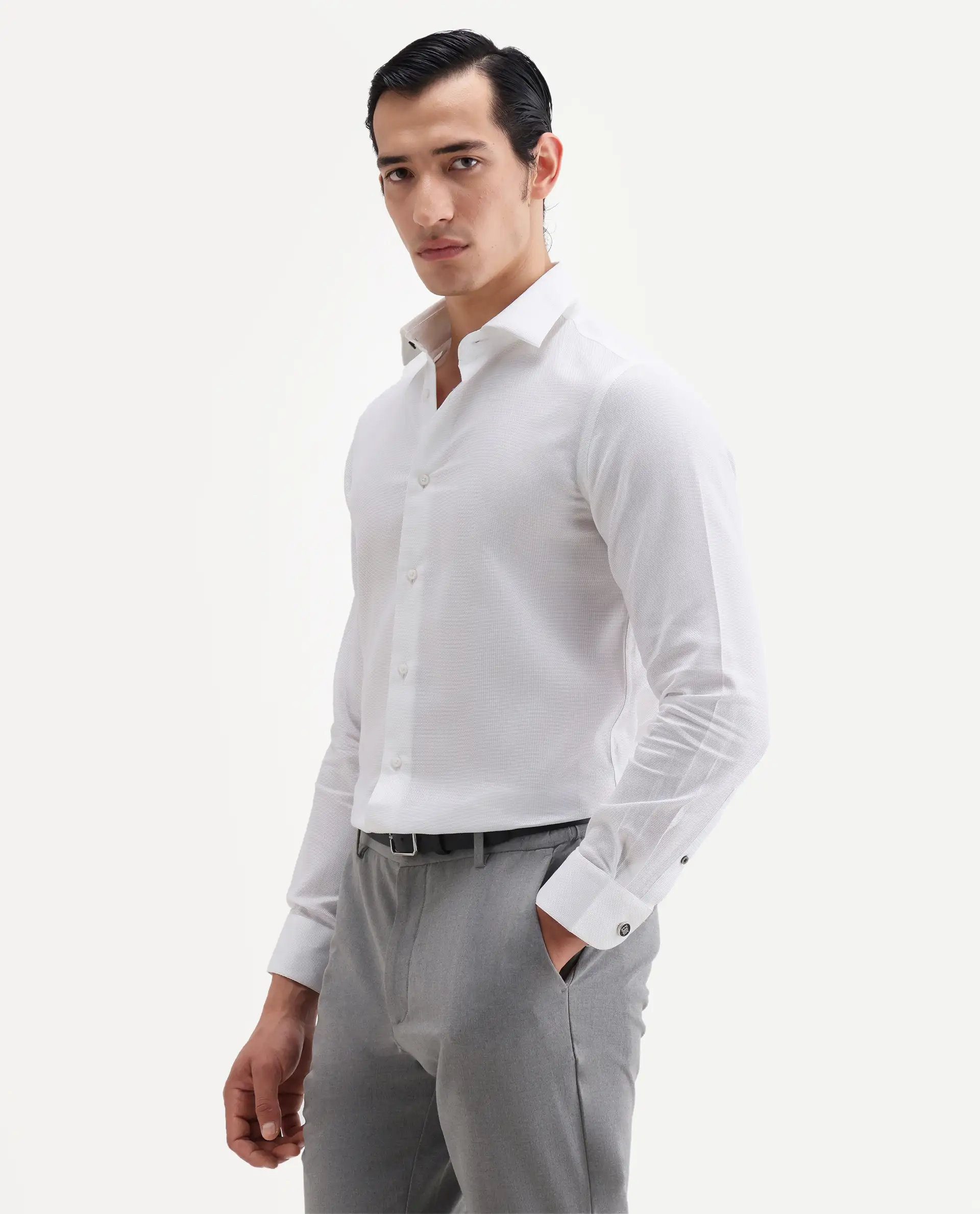 Rare Rabbit Men's Ovia White Cotton Fabric Full Sleeve Spread Collar Regular Plain Shirt - Image 5