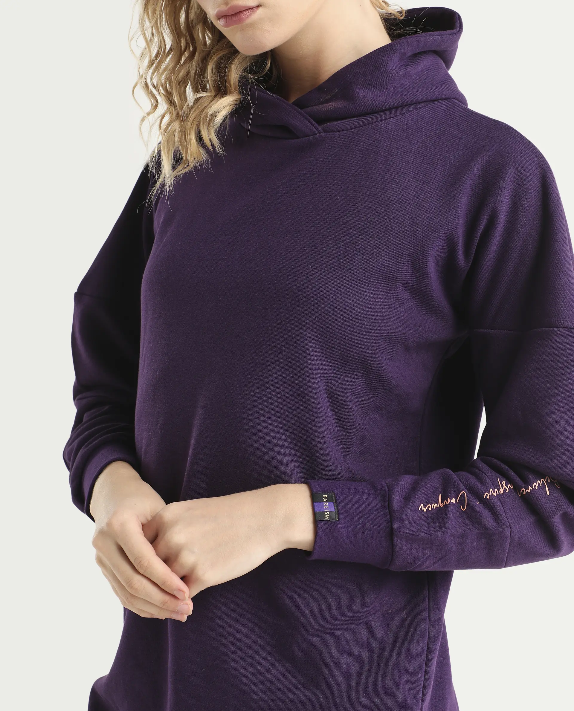 Rareism Women's Owes Purple Cotton Hooded Plain Knee Length Regular Fit Sweatshirt