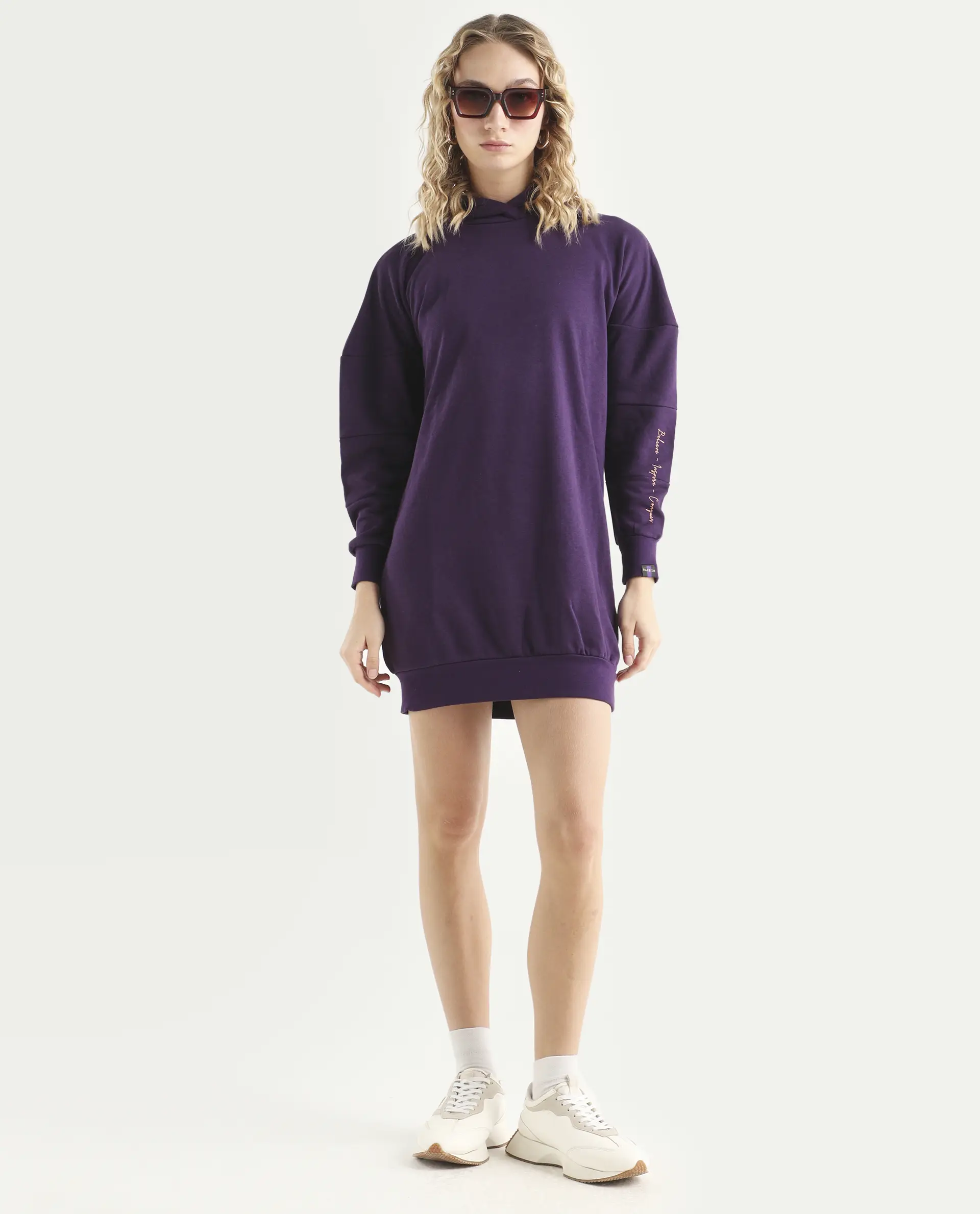 Rareism Women's Owes Purple Cotton Hooded Plain Knee Length Regular Fit Sweatshirt - Image 2