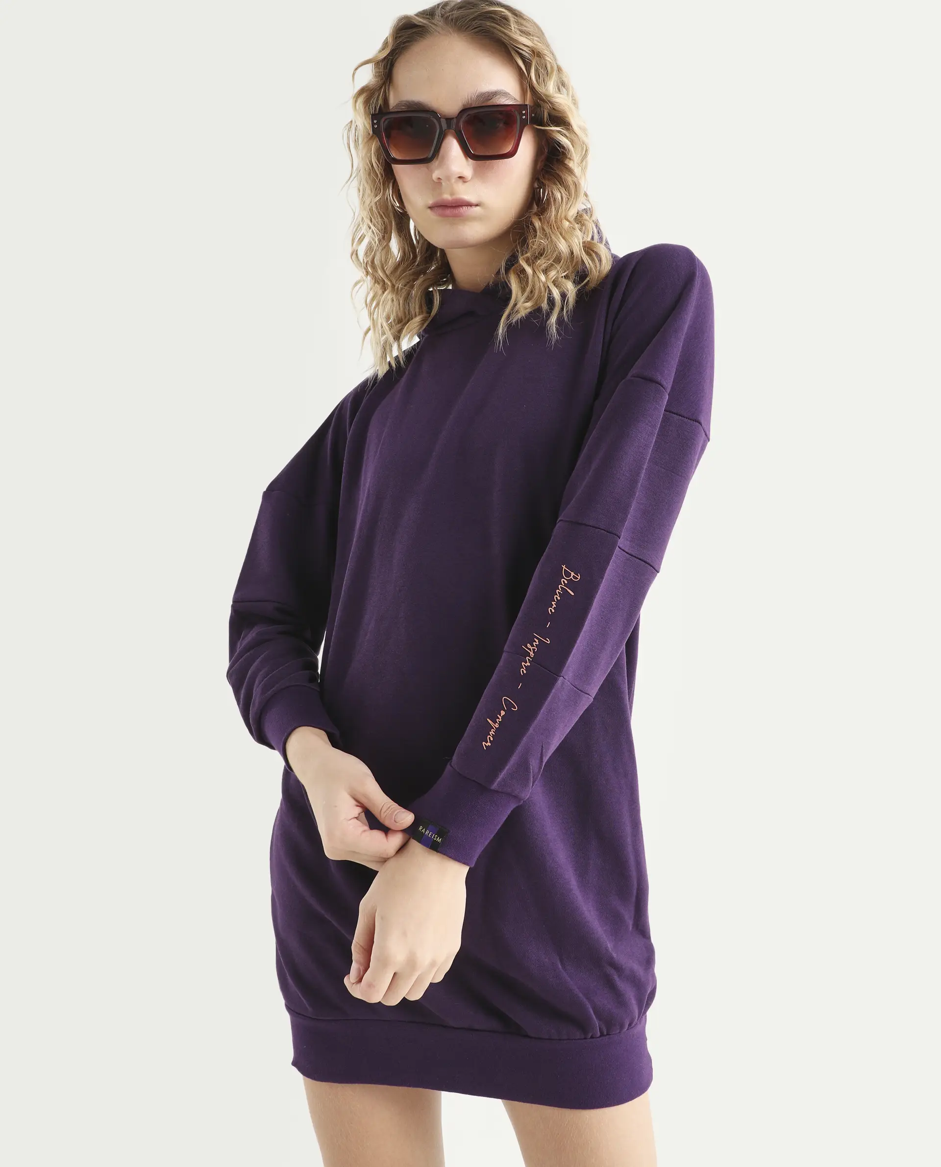 Rareism Women's Owes Purple Cotton Hooded Plain Knee Length Regular Fit Sweatshirt - Image 3