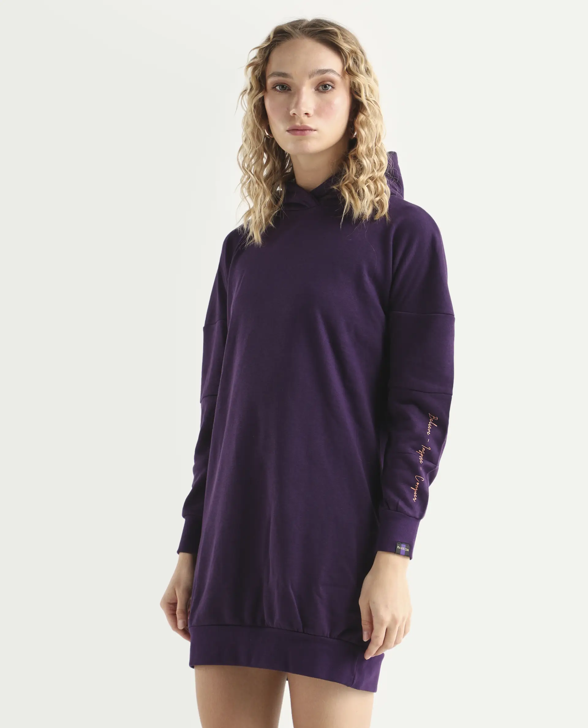 Rareism Women's Owes Purple Cotton Hooded Plain Knee Length Regular Fit Sweatshirt - Image 5