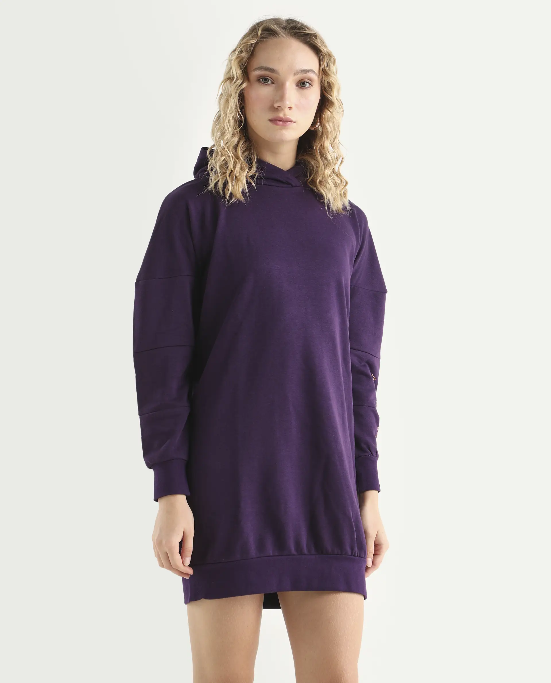 Rareism Women's Owes Purple Cotton Hooded Plain Knee Length Regular Fit Sweatshirt - Image 6