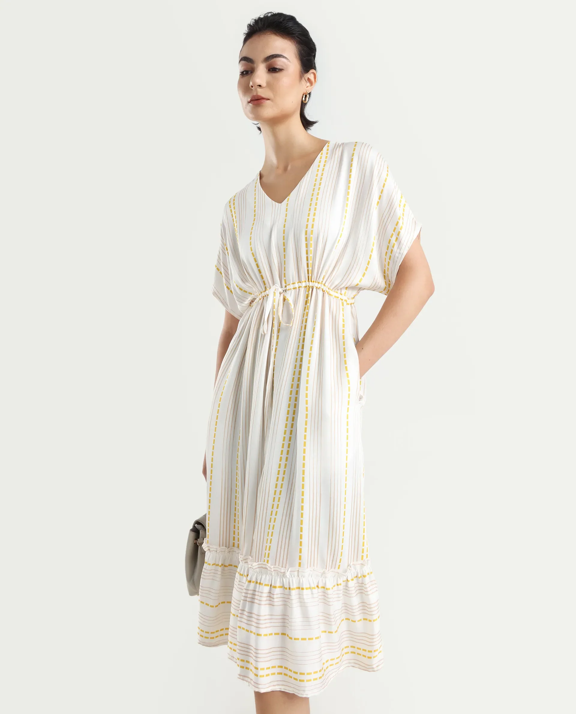 Rareism Women's Oxaca White Cotton Blend V-Neck Striped Extended Sleeves Knee Length Fit And Flare Dress