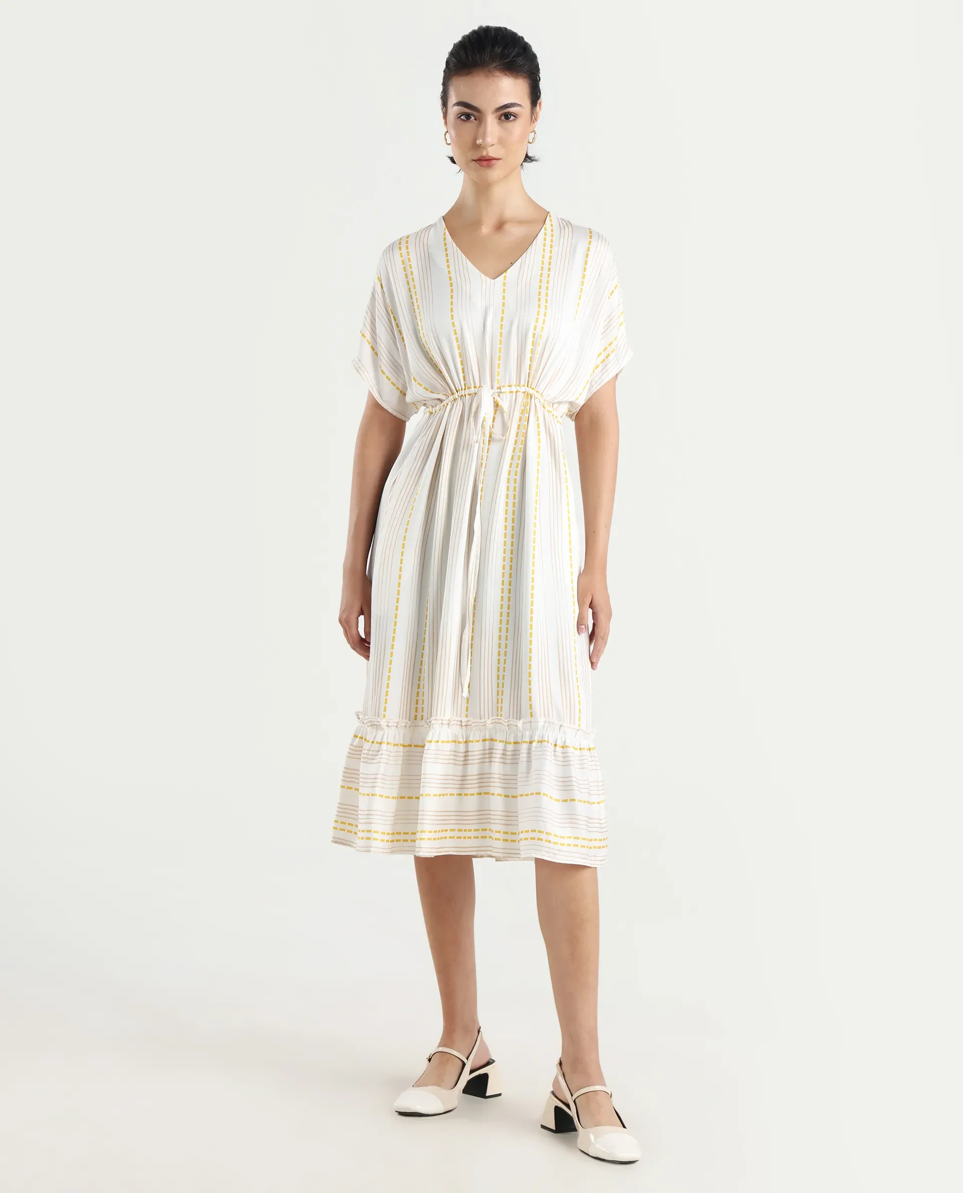 Rareism Women's Oxaca White Cotton Blend V-Neck Striped Extended Sleeves Knee Length Fit And Flare Dress - Image 2