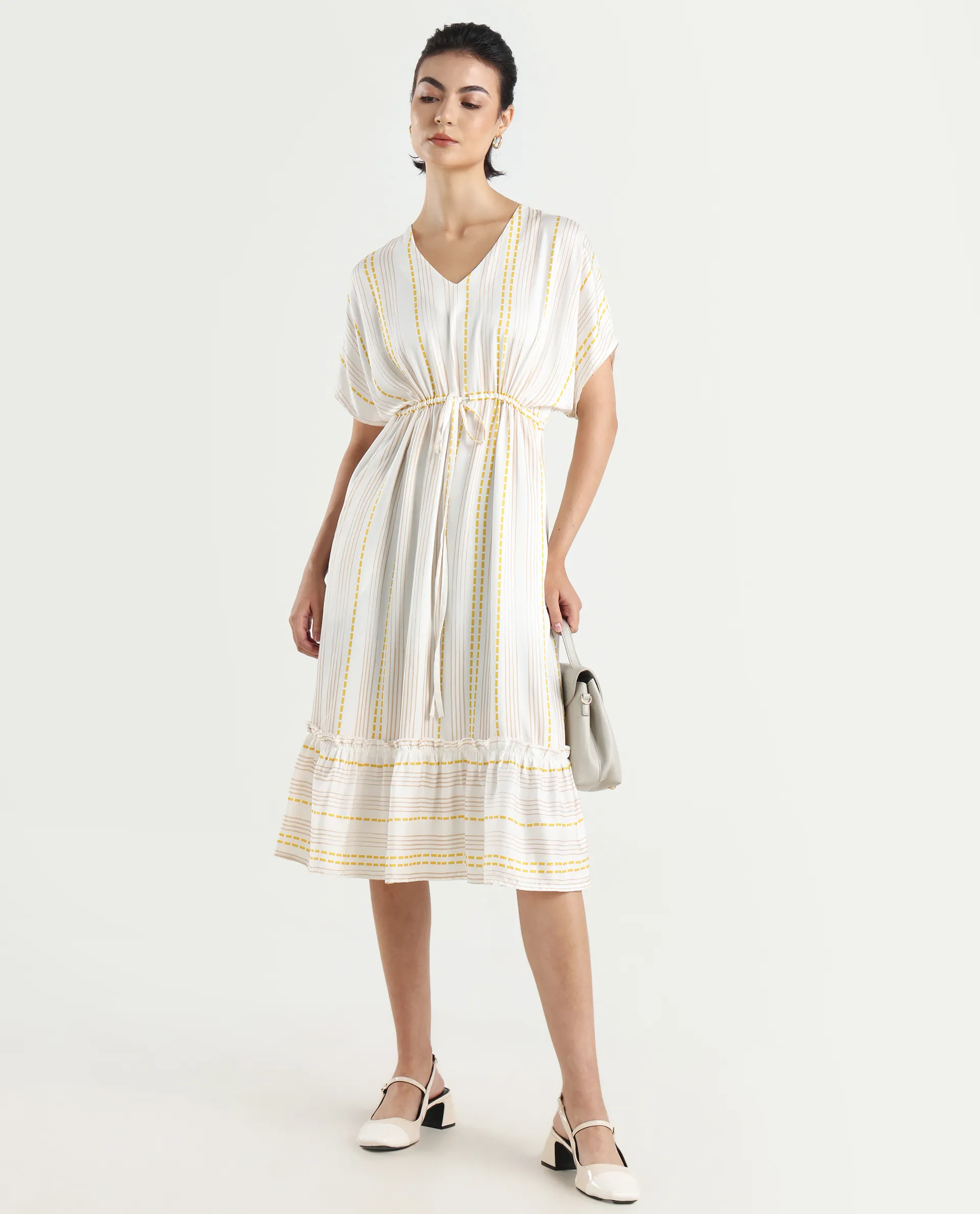 Rareism Women's Oxaca White Cotton Blend V-Neck Striped Extended Sleeves Knee Length Fit And Flare Dress - Image 3