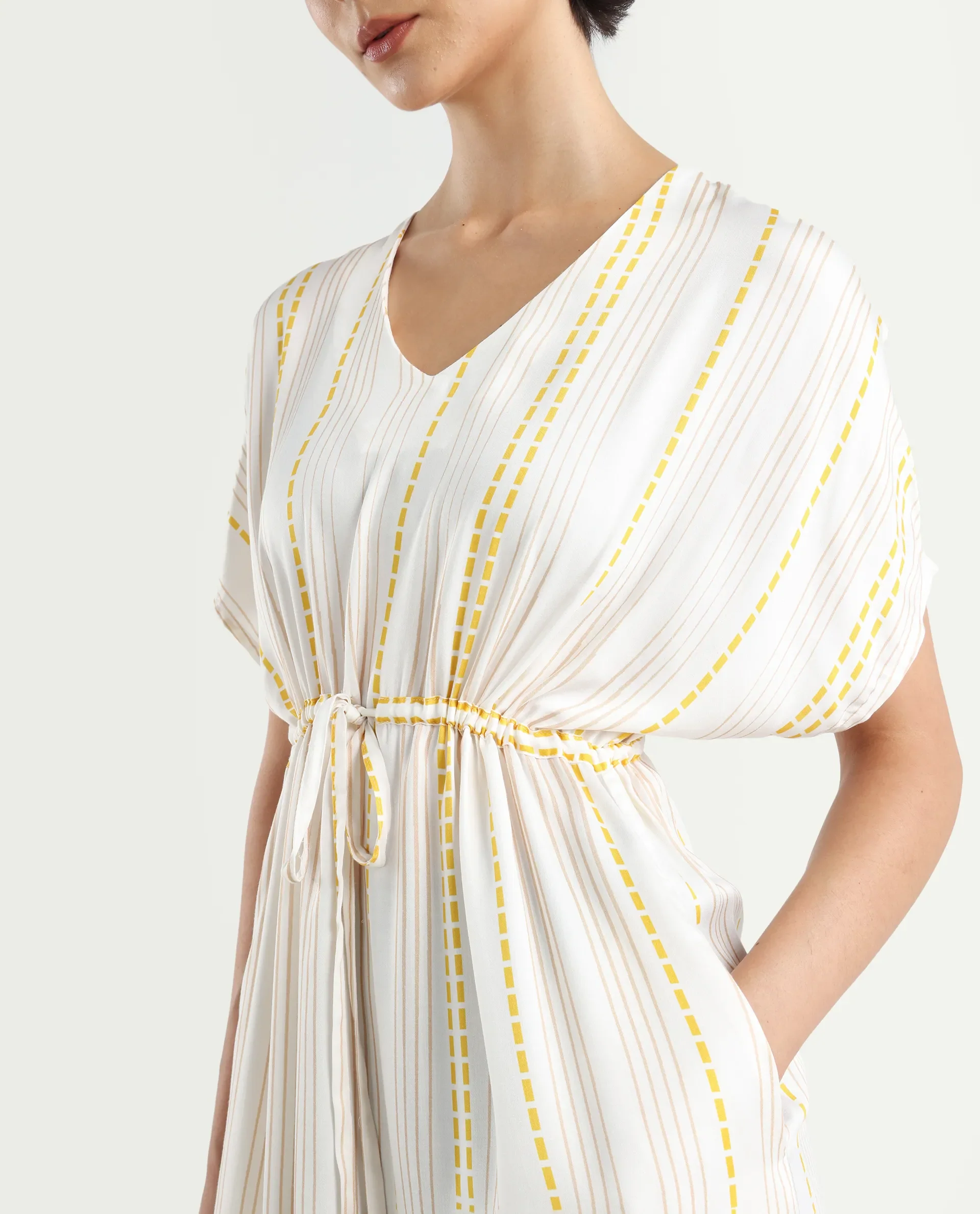 Rareism Women's Oxaca White Cotton Blend V-Neck Striped Extended Sleeves Knee Length Fit And Flare Dress - Image 4
