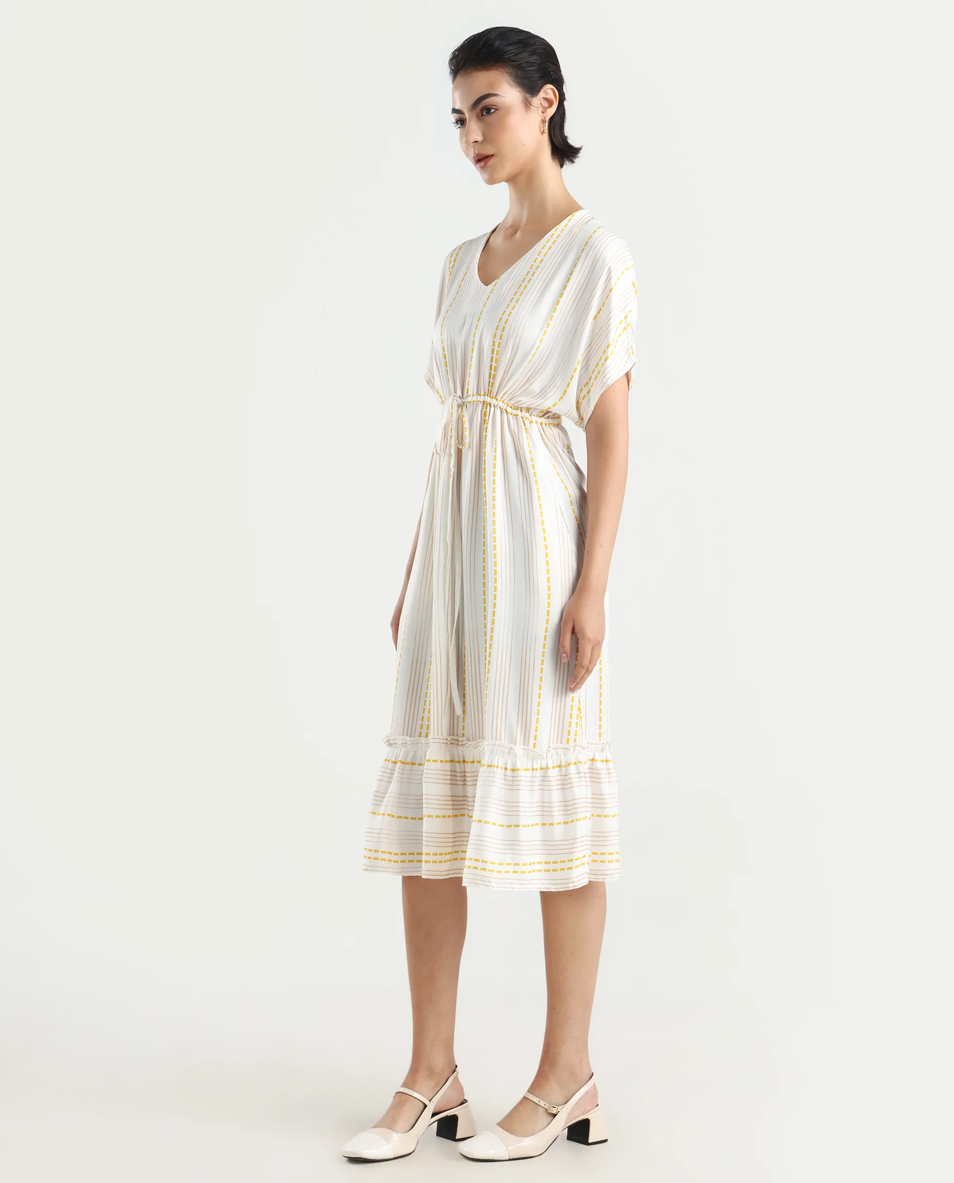 Rareism Women's Oxaca White Cotton Blend V-Neck Striped Extended Sleeves Knee Length Fit And Flare Dress - Image 5