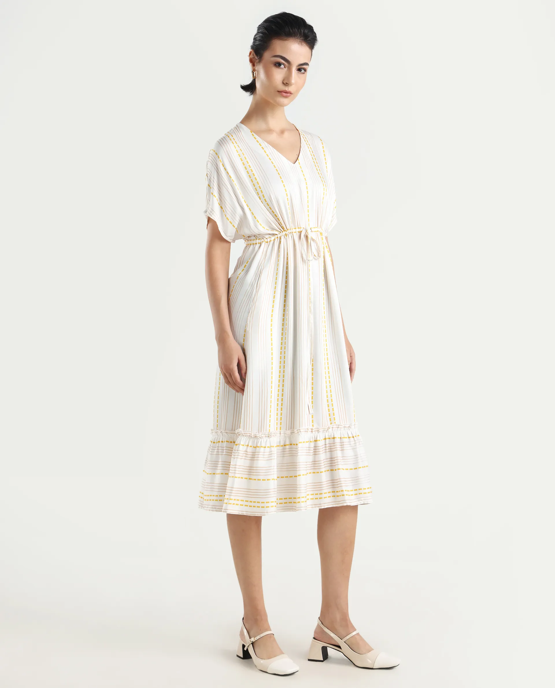 Rareism Women's Oxaca White Cotton Blend V-Neck Striped Extended Sleeves Knee Length Fit And Flare Dress - Image 6