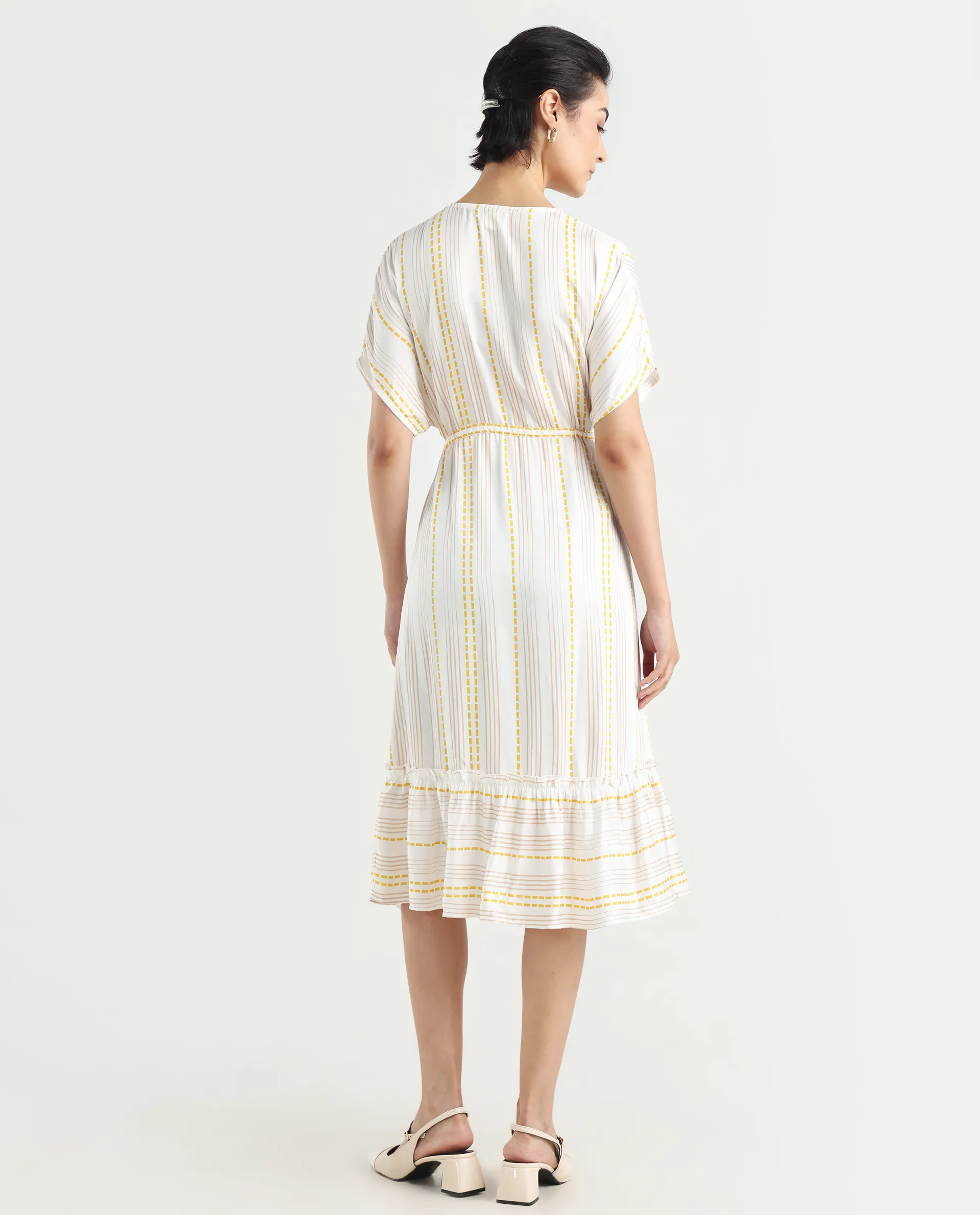 Rareism Women's Oxaca White Cotton Blend V-Neck Striped Extended Sleeves Knee Length Fit And Flare Dress - Image 7