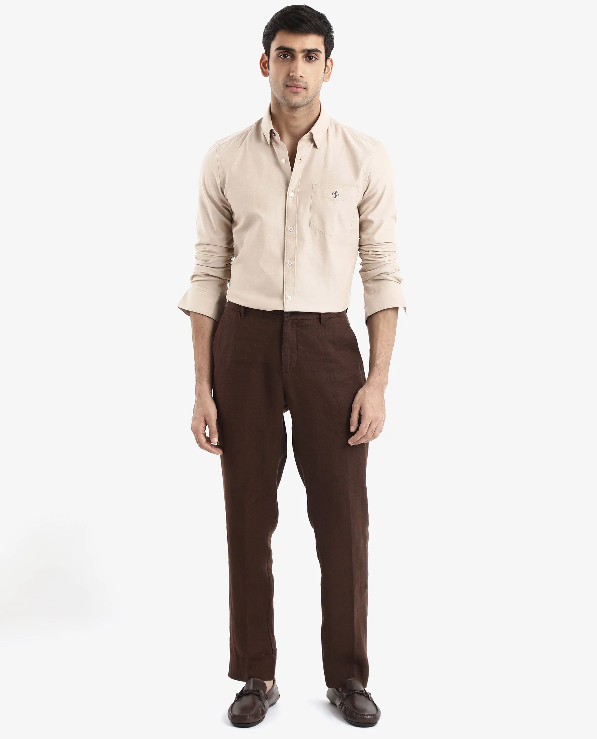 Rare Rabbit Men's Oxfom Beige Cotton Embroidered Regular Fit Full Sleeve Collared Shirt - Image 2