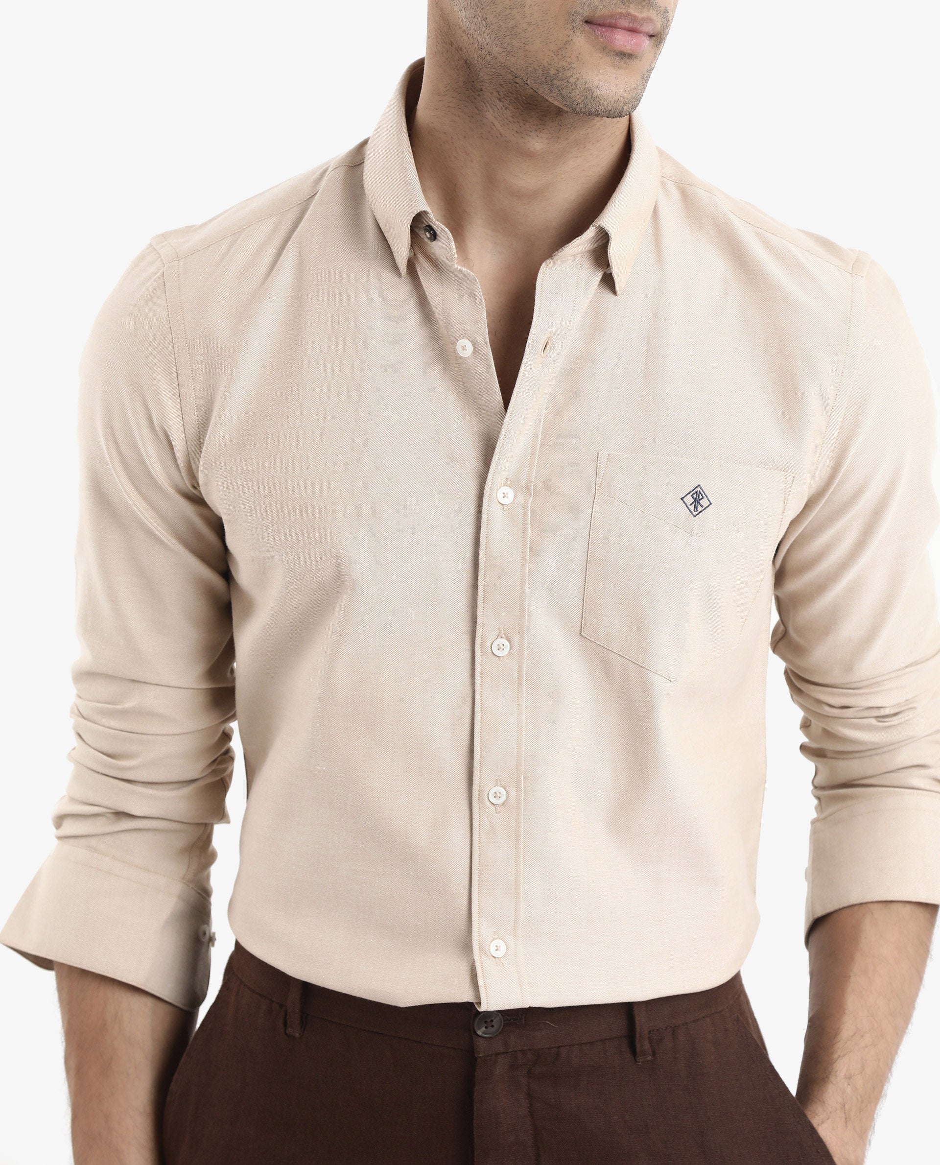 Rare Rabbit Men's Oxfom Beige Cotton Embroidered Regular Fit Full Sleeve Collared Shirt - Image 4