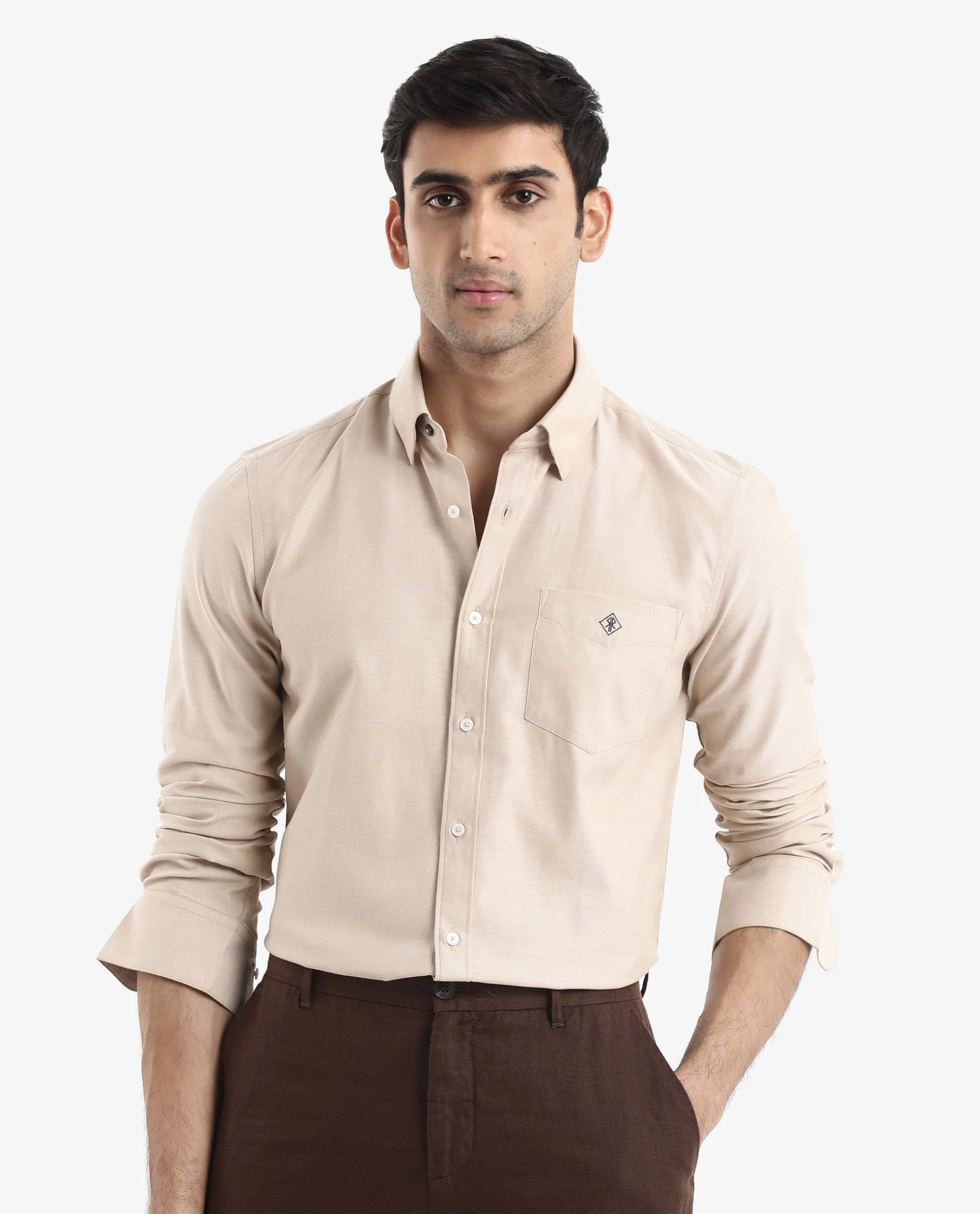 Rare Rabbit Men's Oxfom Beige Cotton Embroidered Regular Fit Full Sleeve Collared Shirt - Image 5