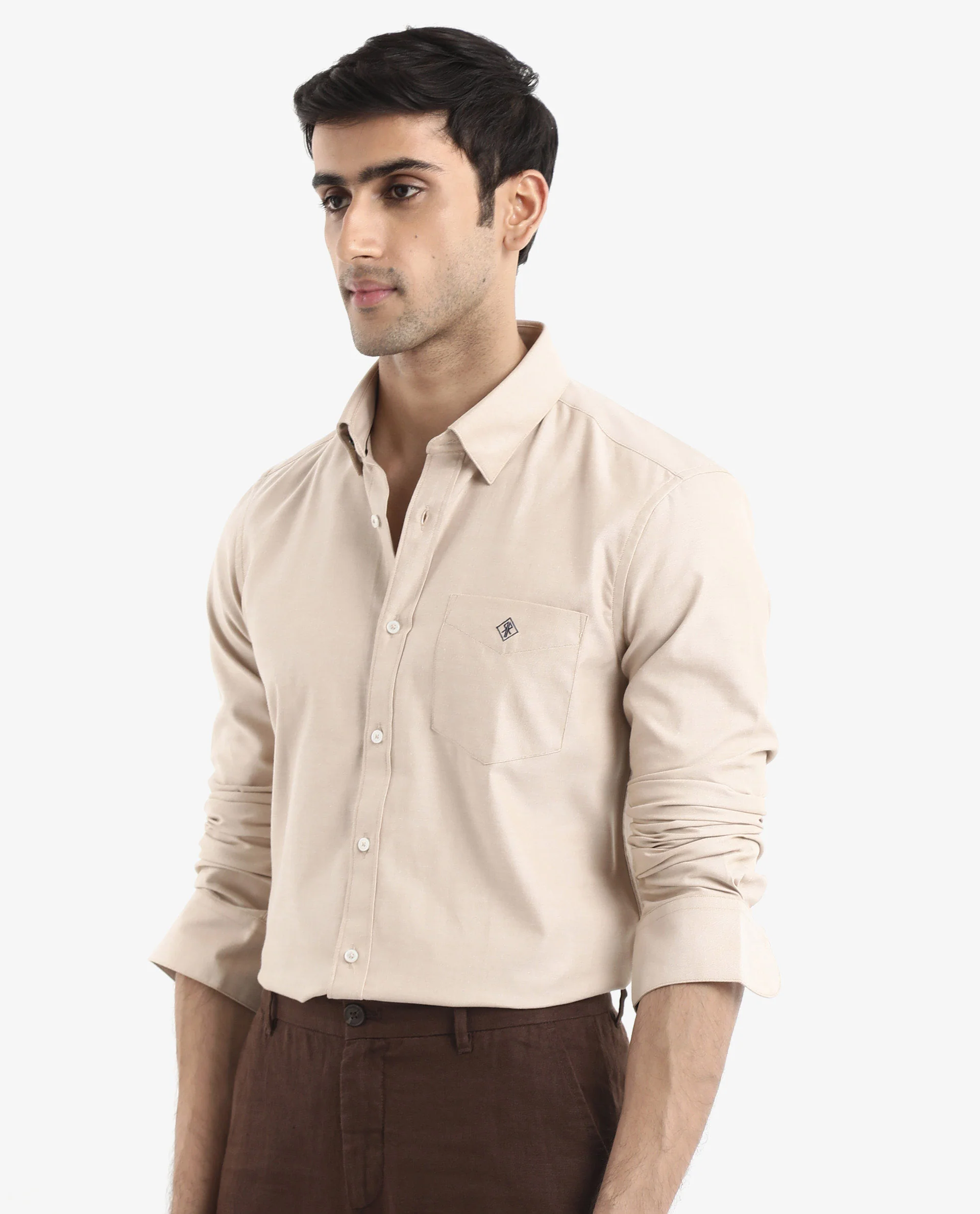 Rare Rabbit Men's Oxfom Beige Cotton Embroidered Regular Fit Full Sleeve Collared Shirt - Image 8
